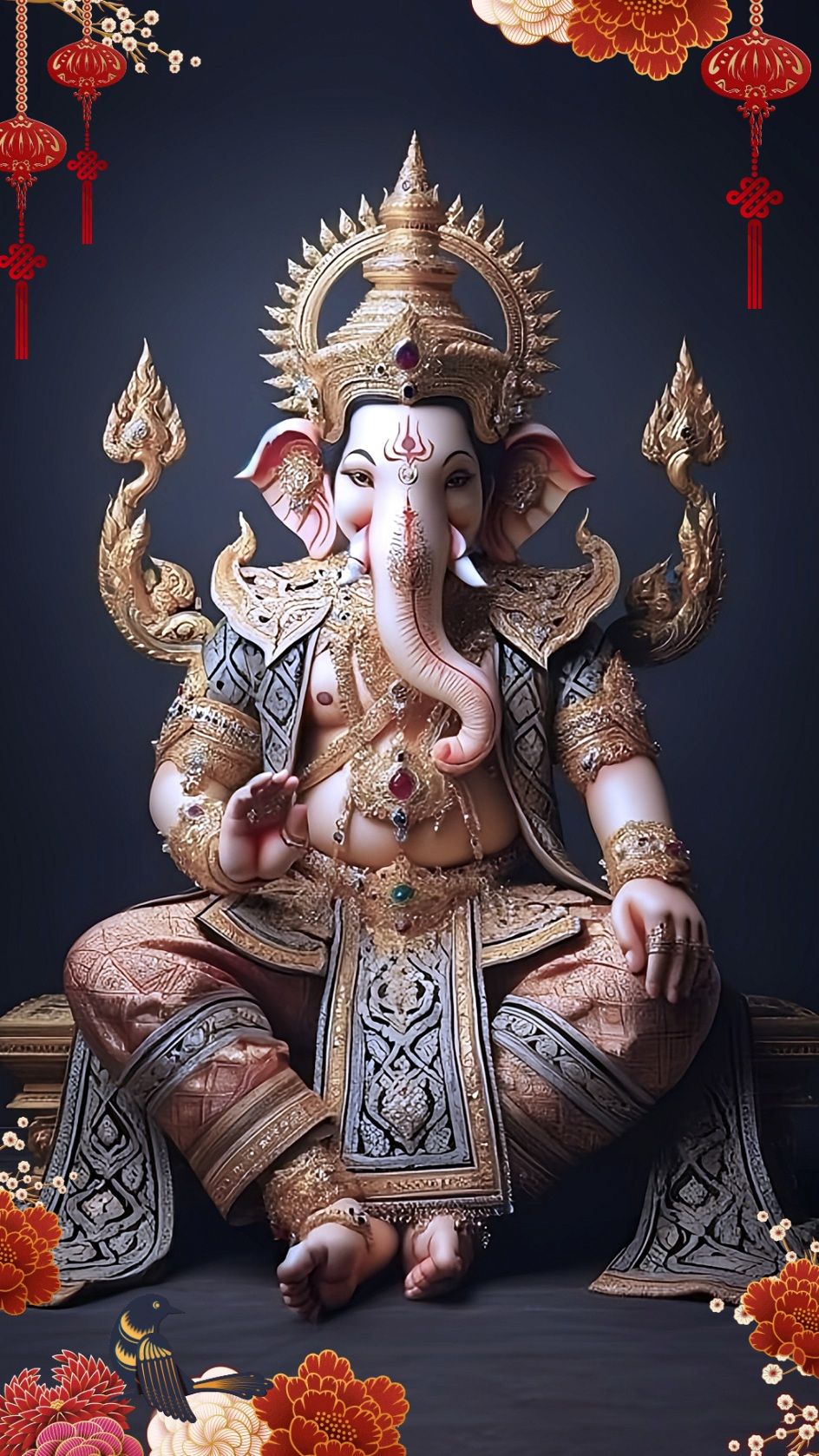 Golden Ganesha sitting with lotus flower