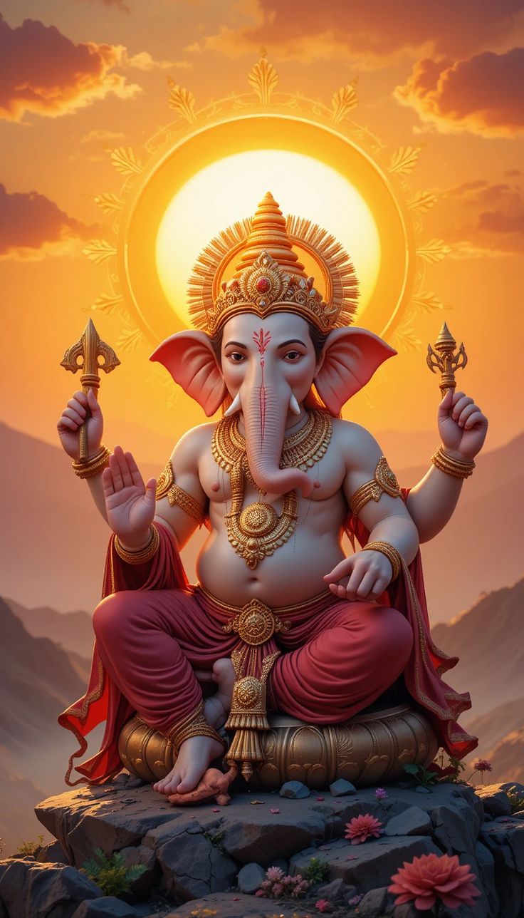 Lord Ganesha with golden sunlight halo.