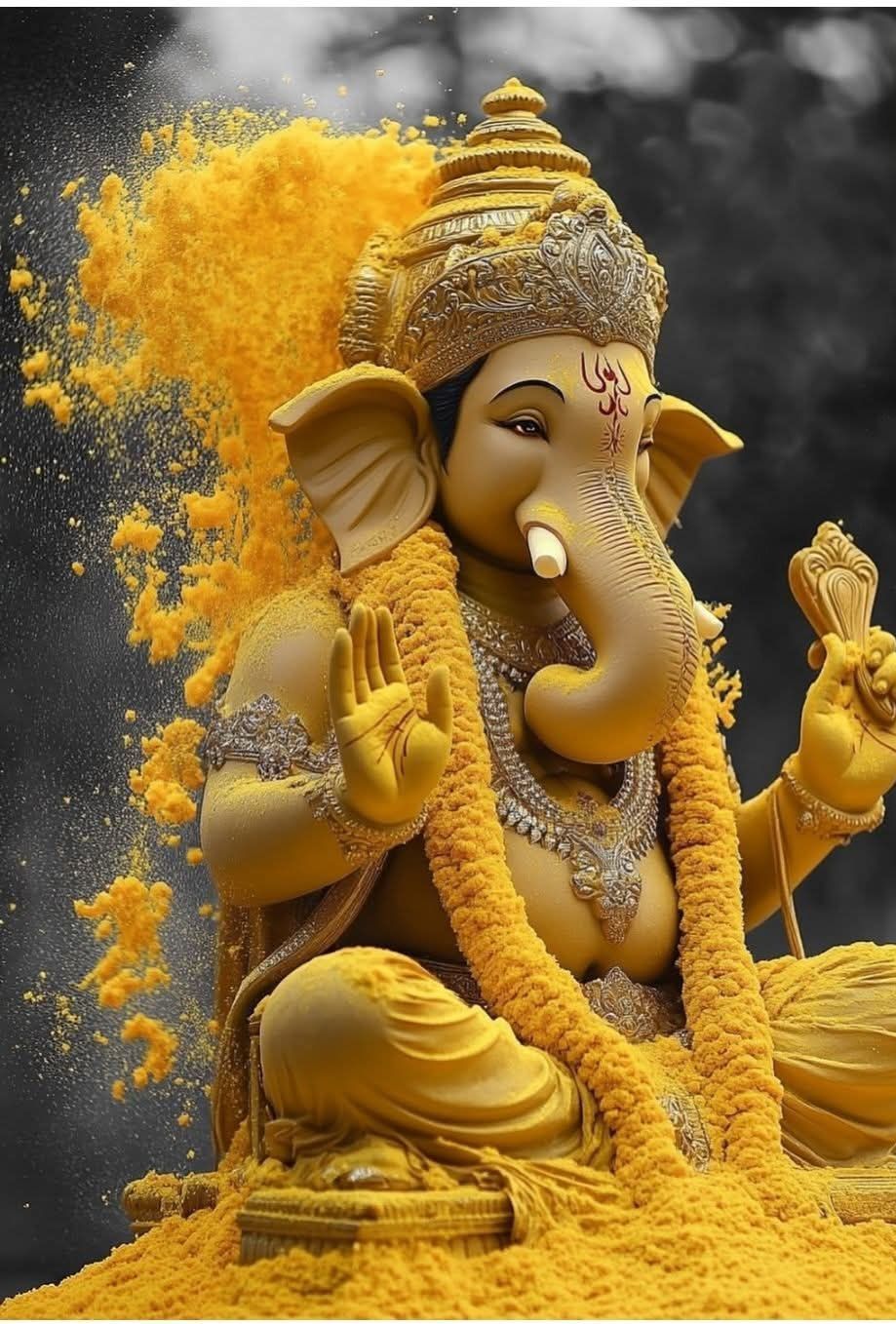 Ganesha showered in golden turmeric powder