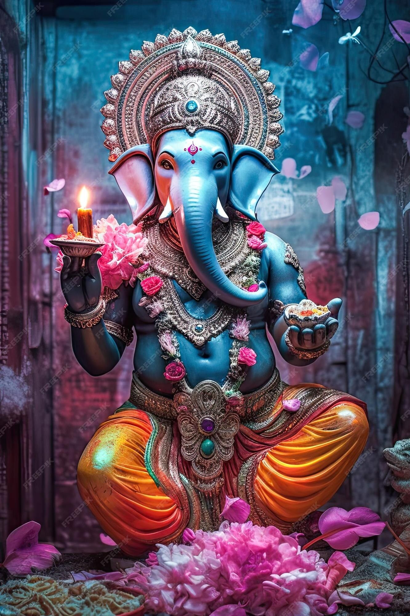 Lord Ganesha with diya and lotus flowers