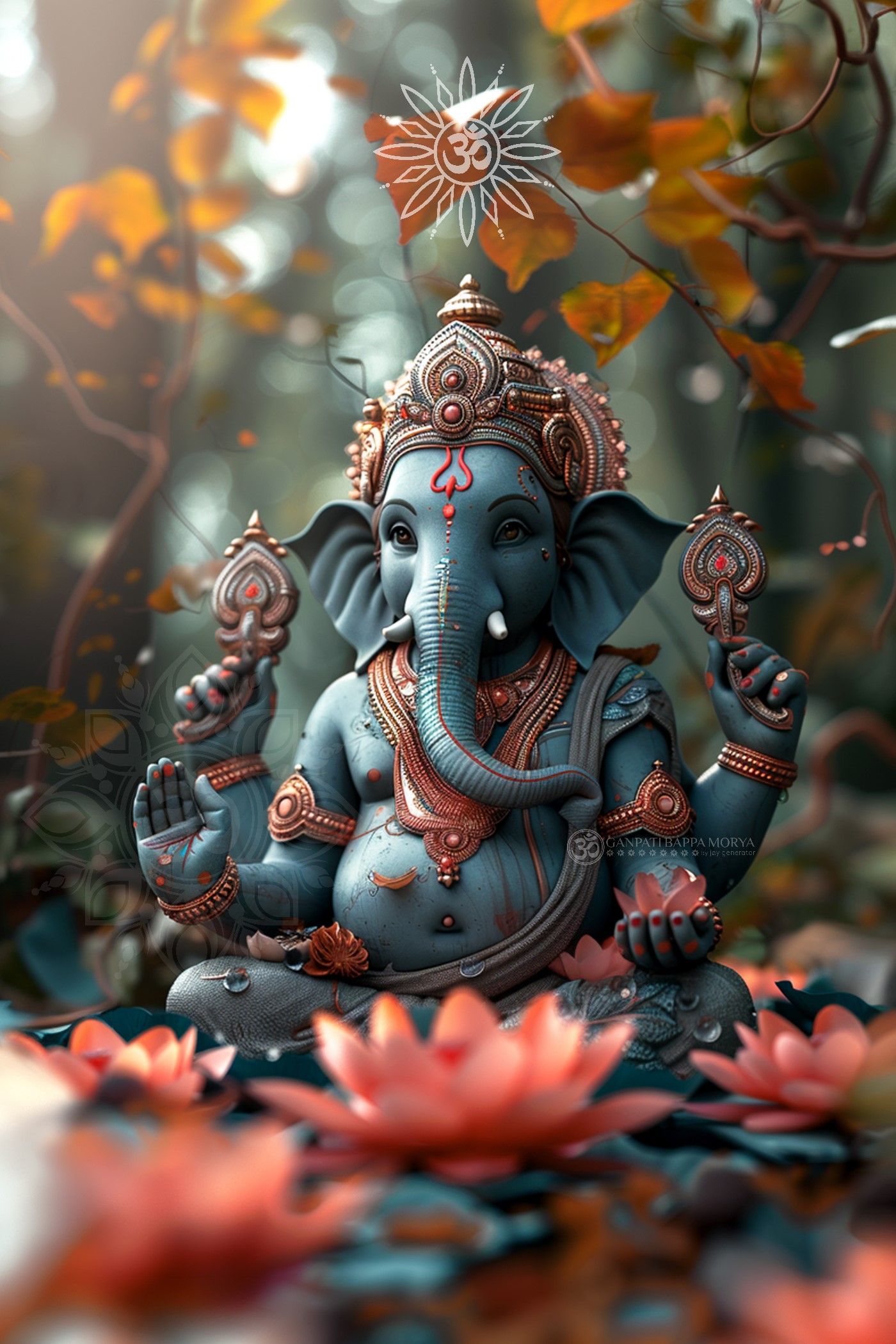 Blue Ganesha amidst lotus flowers.