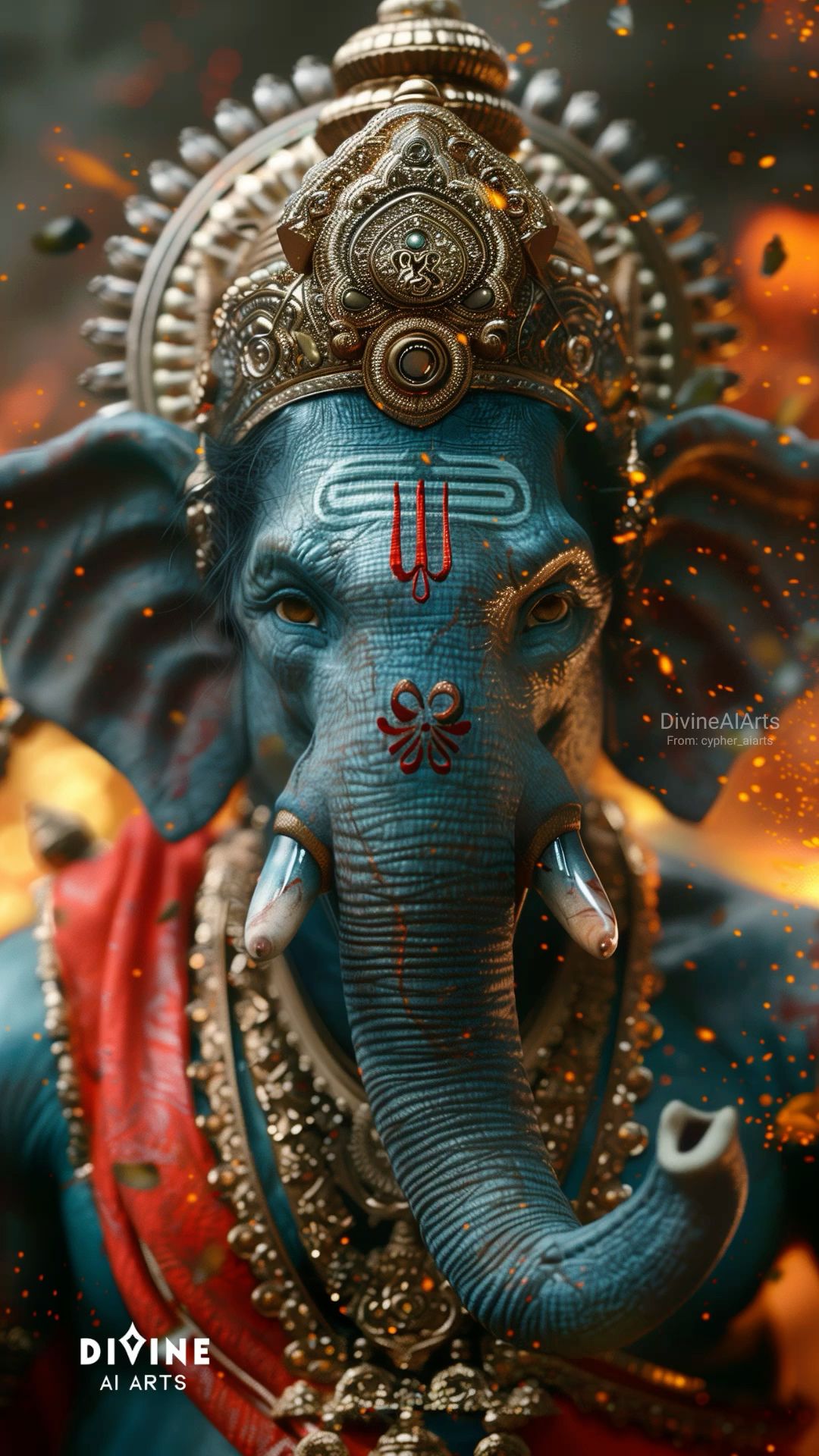 Blue-skinned Ganesha with golden ornaments.