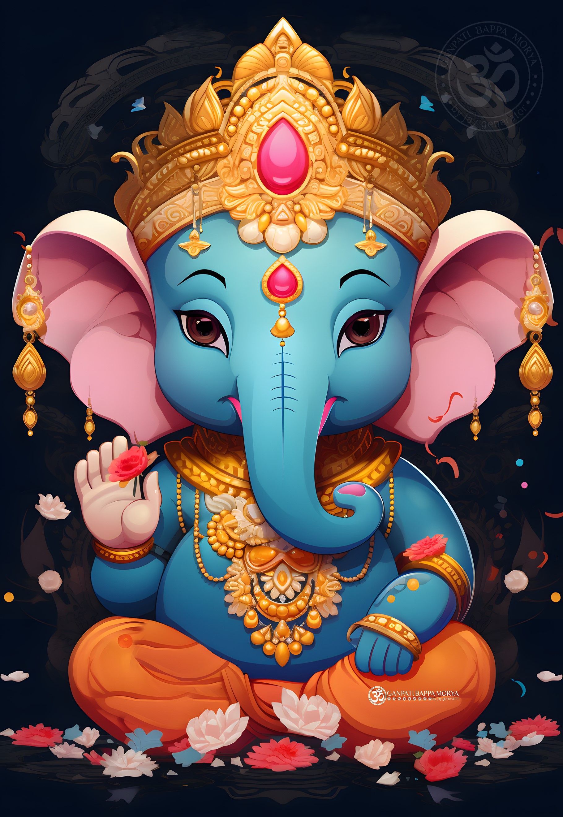 Adorable blue Ganesha with lotus flowers