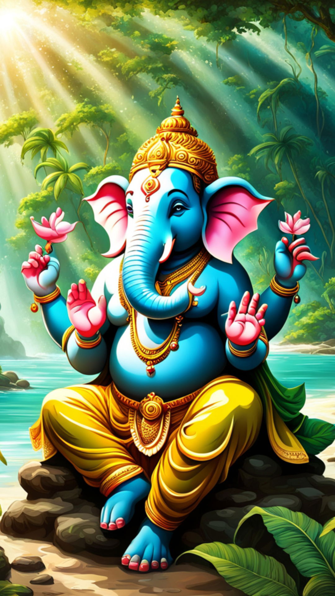 Blue Ganesha seated in tropical paradise