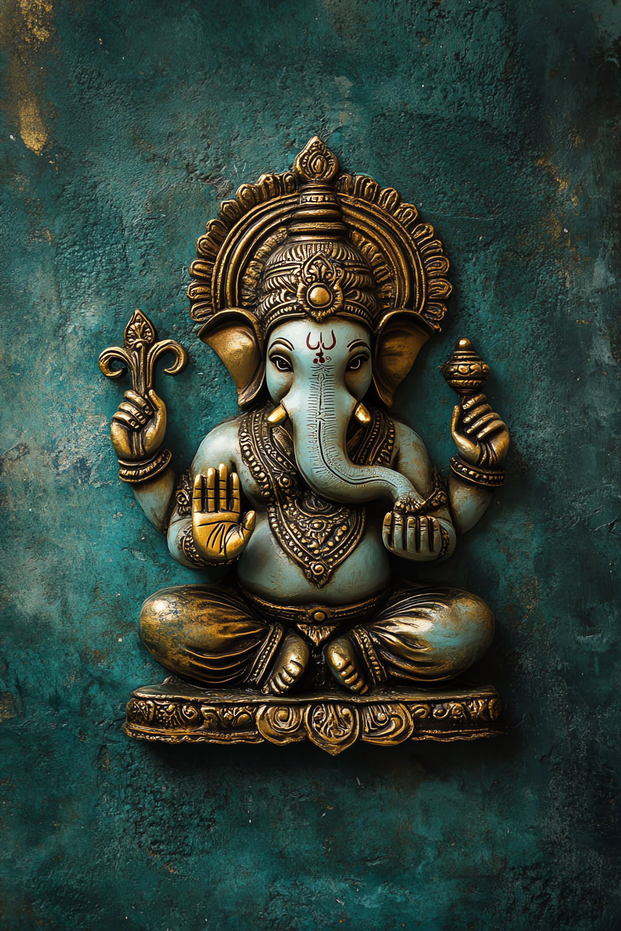 Golden Ganesha idol on teal background