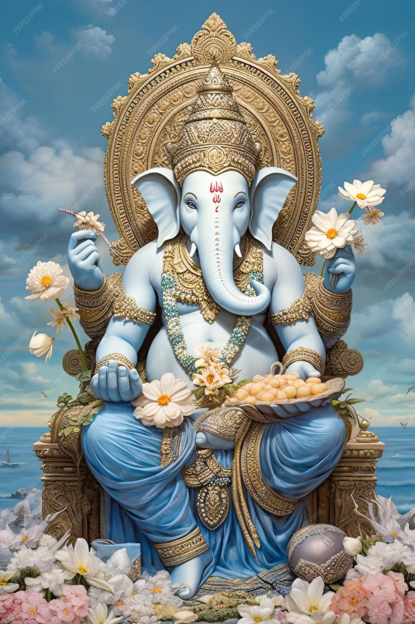 Blue Ganesha amidst white daisies
