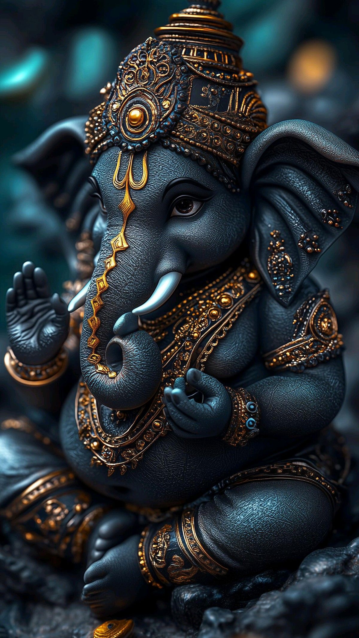 Blue Ganesha statue with golden details