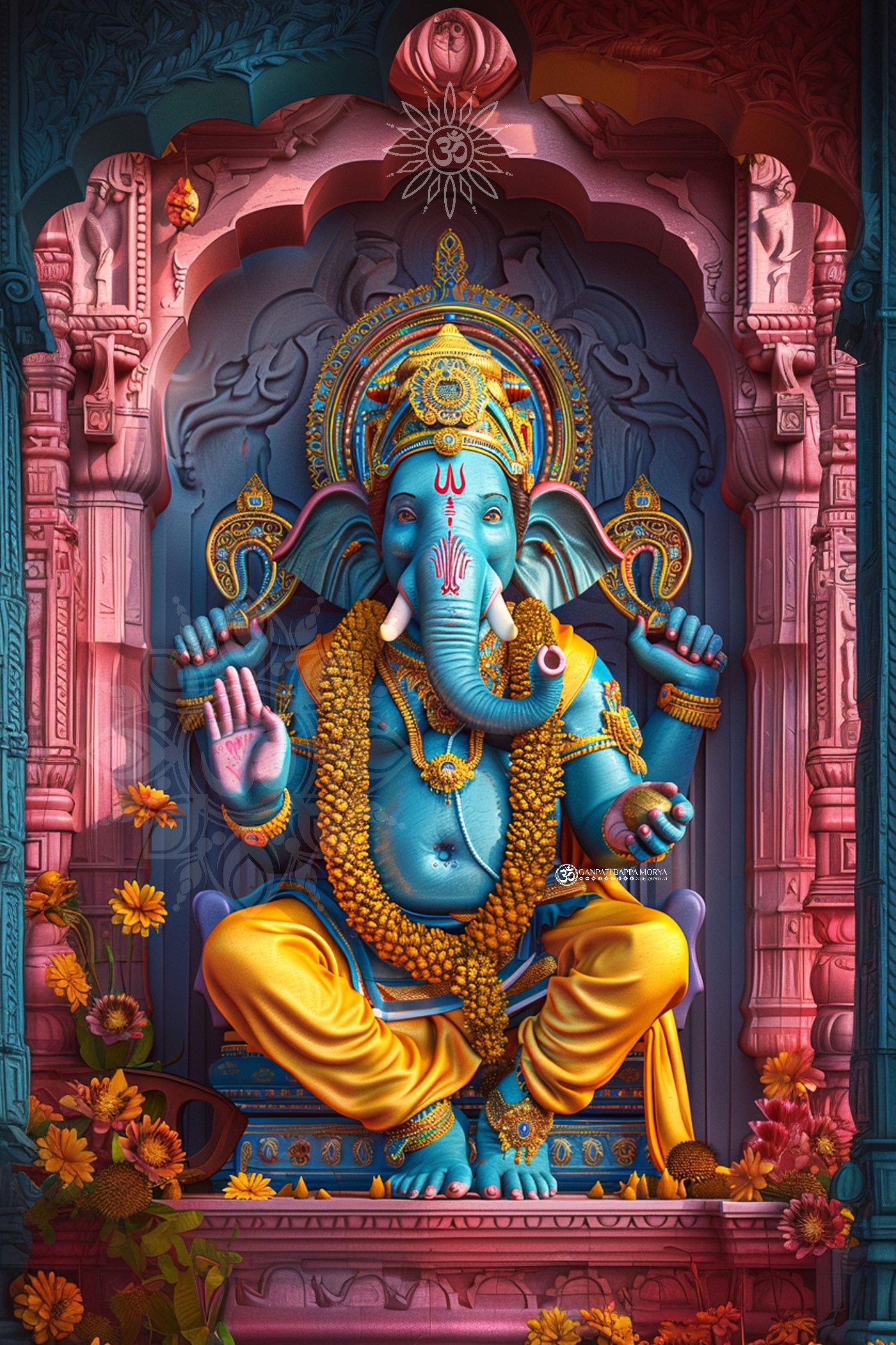 Blue Ganesha with flowers and divine aura