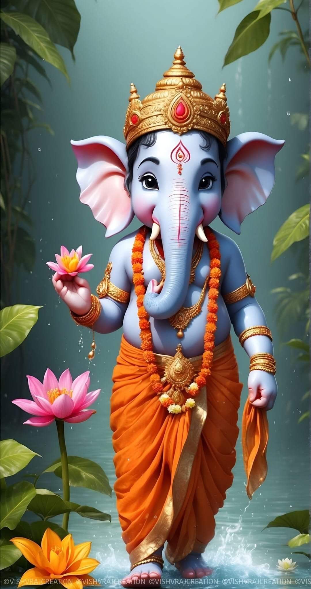 Baby Ganesha holding a pink lotus