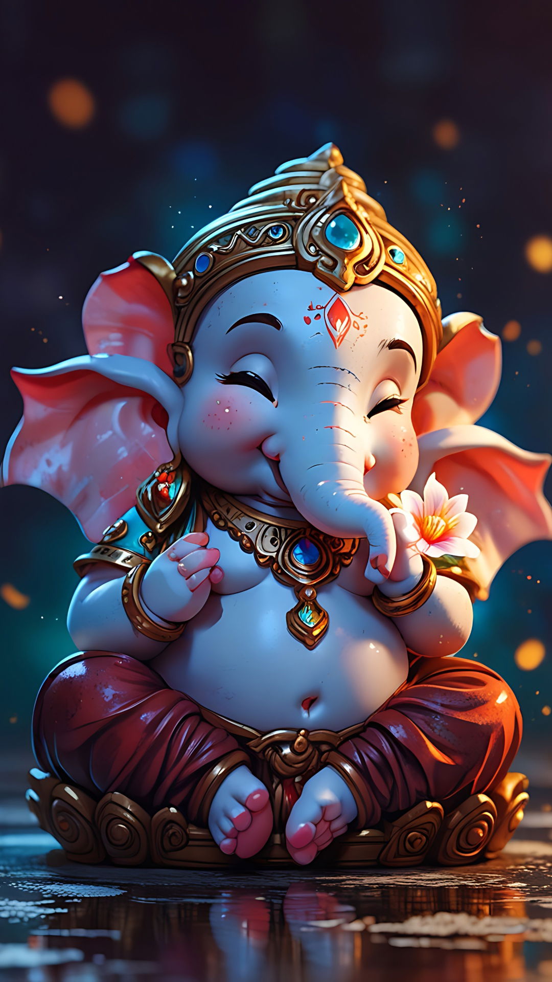 Charming baby Ganesha with lotus flower.