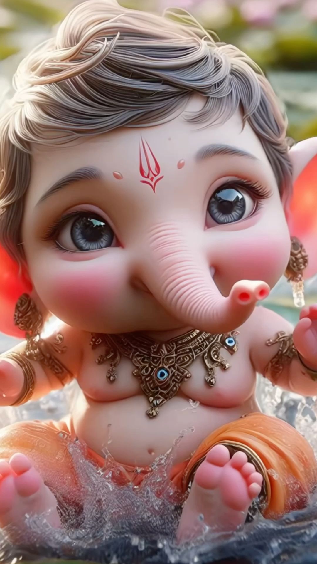 Smiling baby Ganesha with modak.