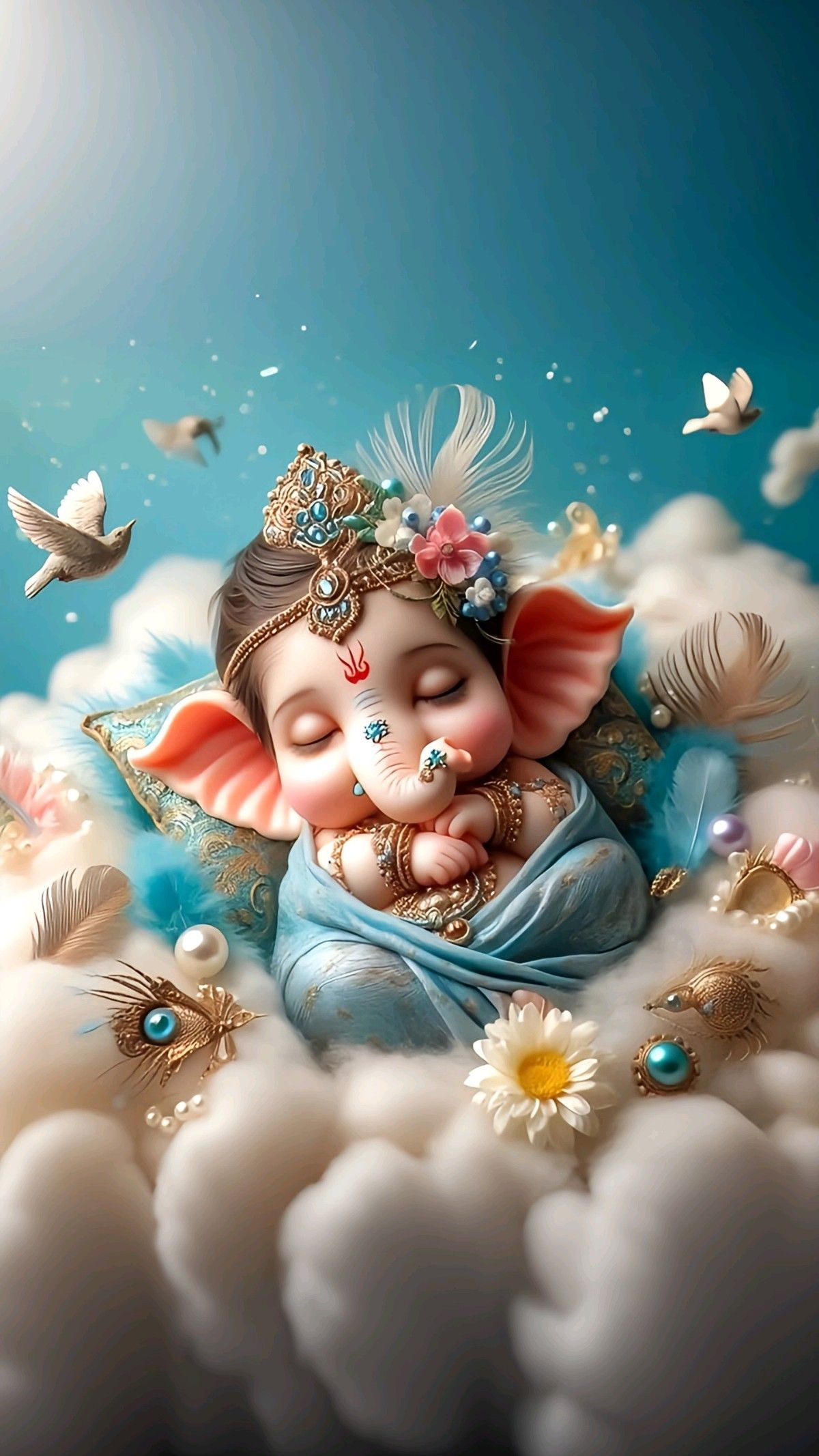 Sleeping baby Ganesha amongst fluffy clouds