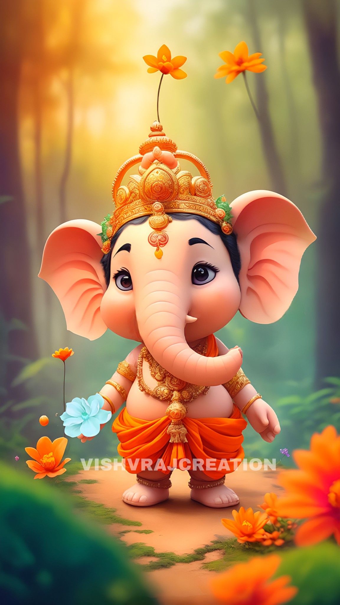 Cute baby Ganesha with flowers