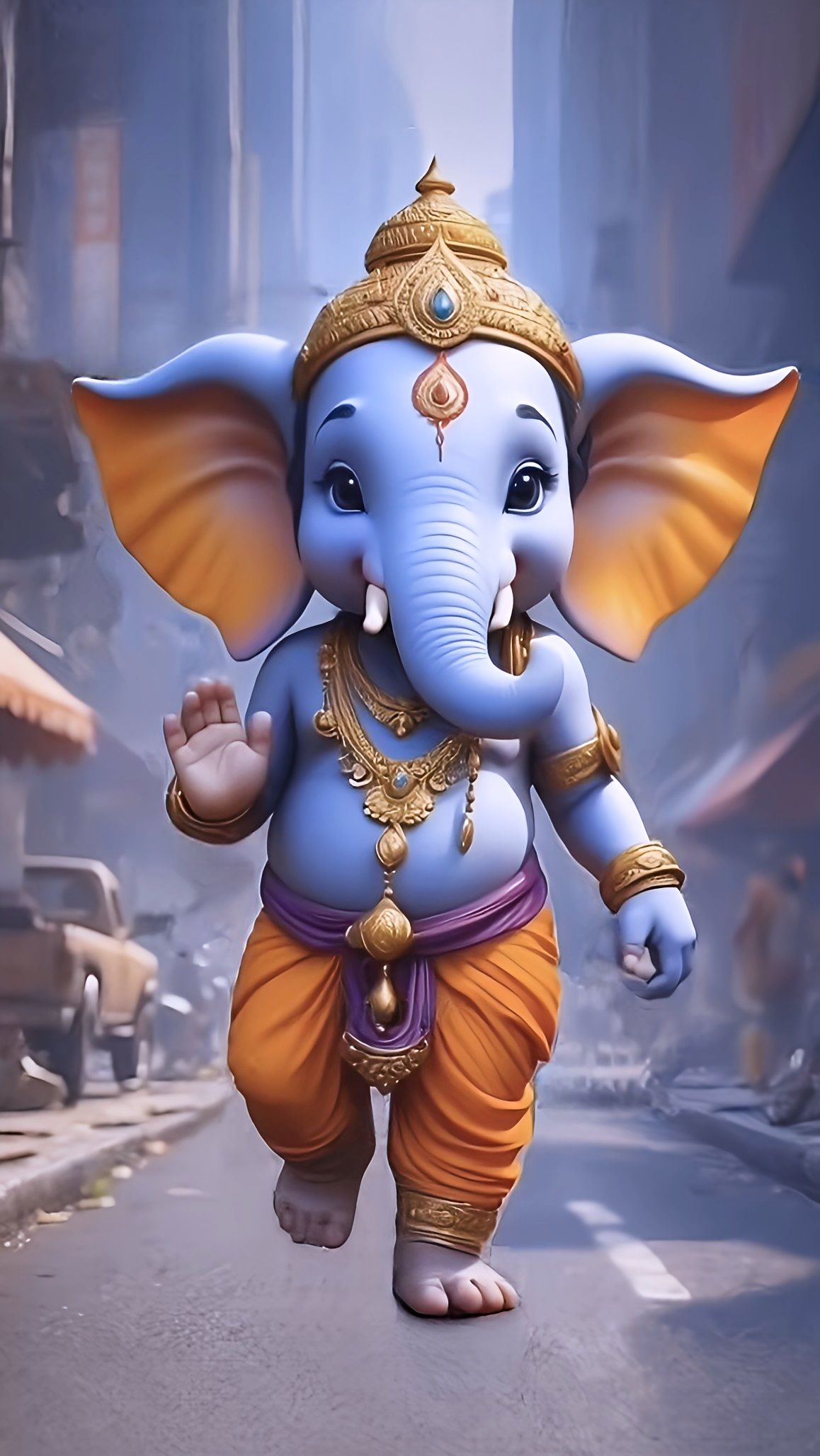 Adorable baby Ganesha walking in city