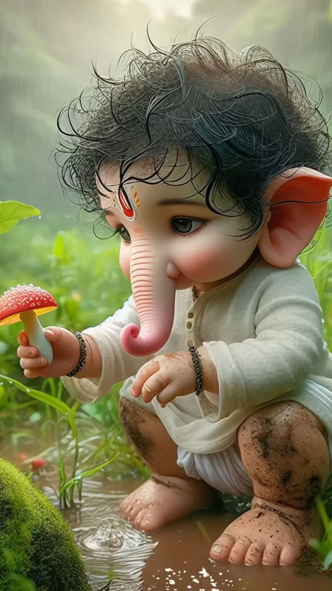 Baby Ganesha in a lush forest scene
