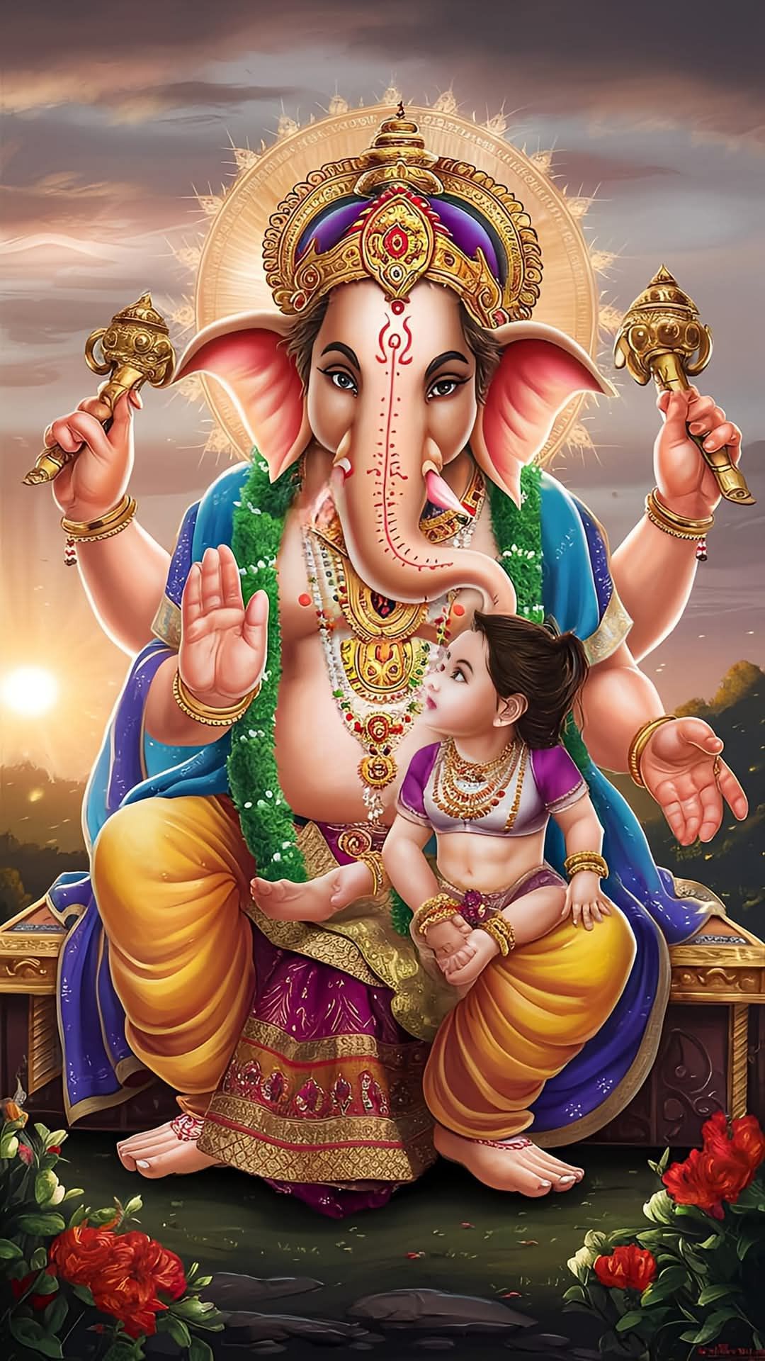 Ganesha cradling baby Ganesha, divine art.