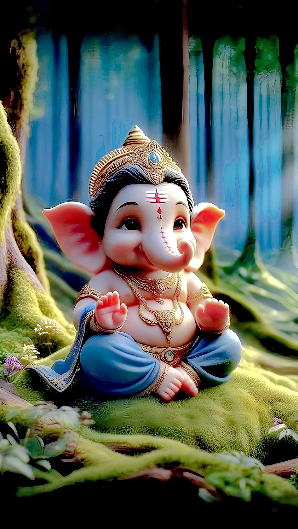 Cute baby Ganesha in a lush forest.