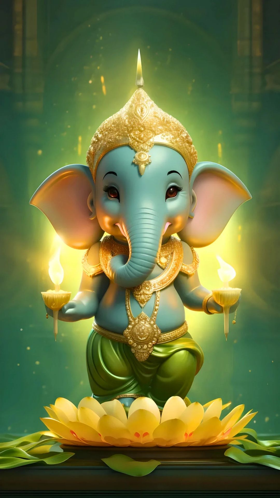 Baby Ganesha holding oil lamps