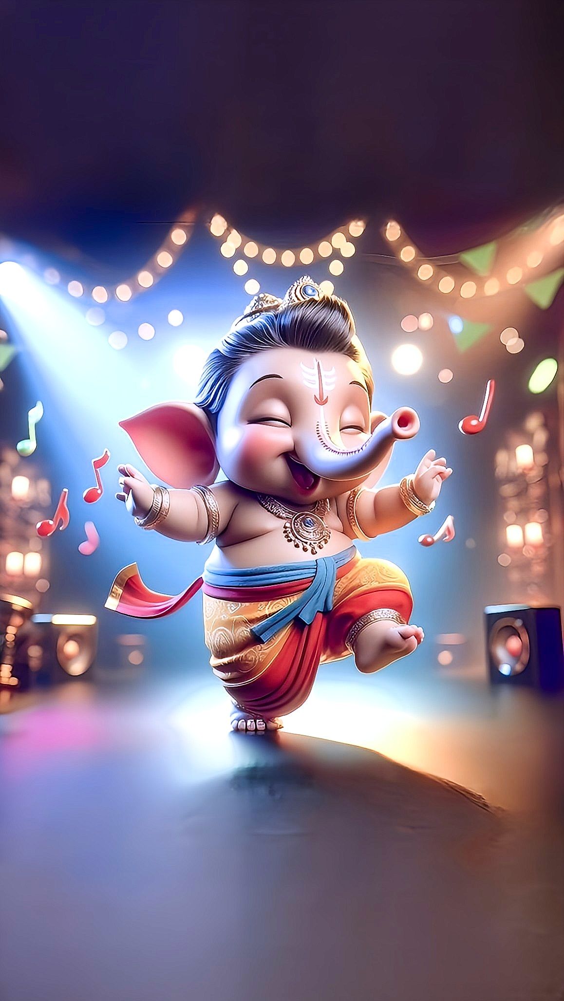 Joyful baby Ganesha dancing with lights