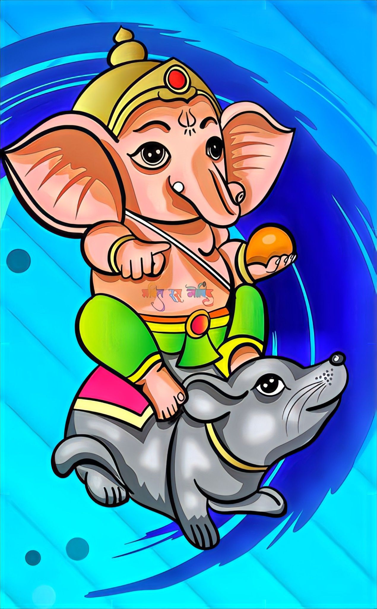 Ganesha riding a mouse, joyful artwork