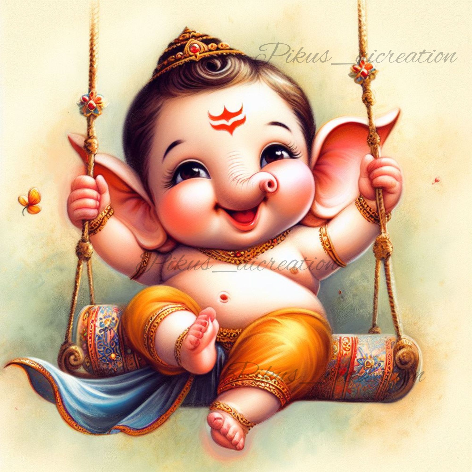 Baby Ganesha swinging on a lotus