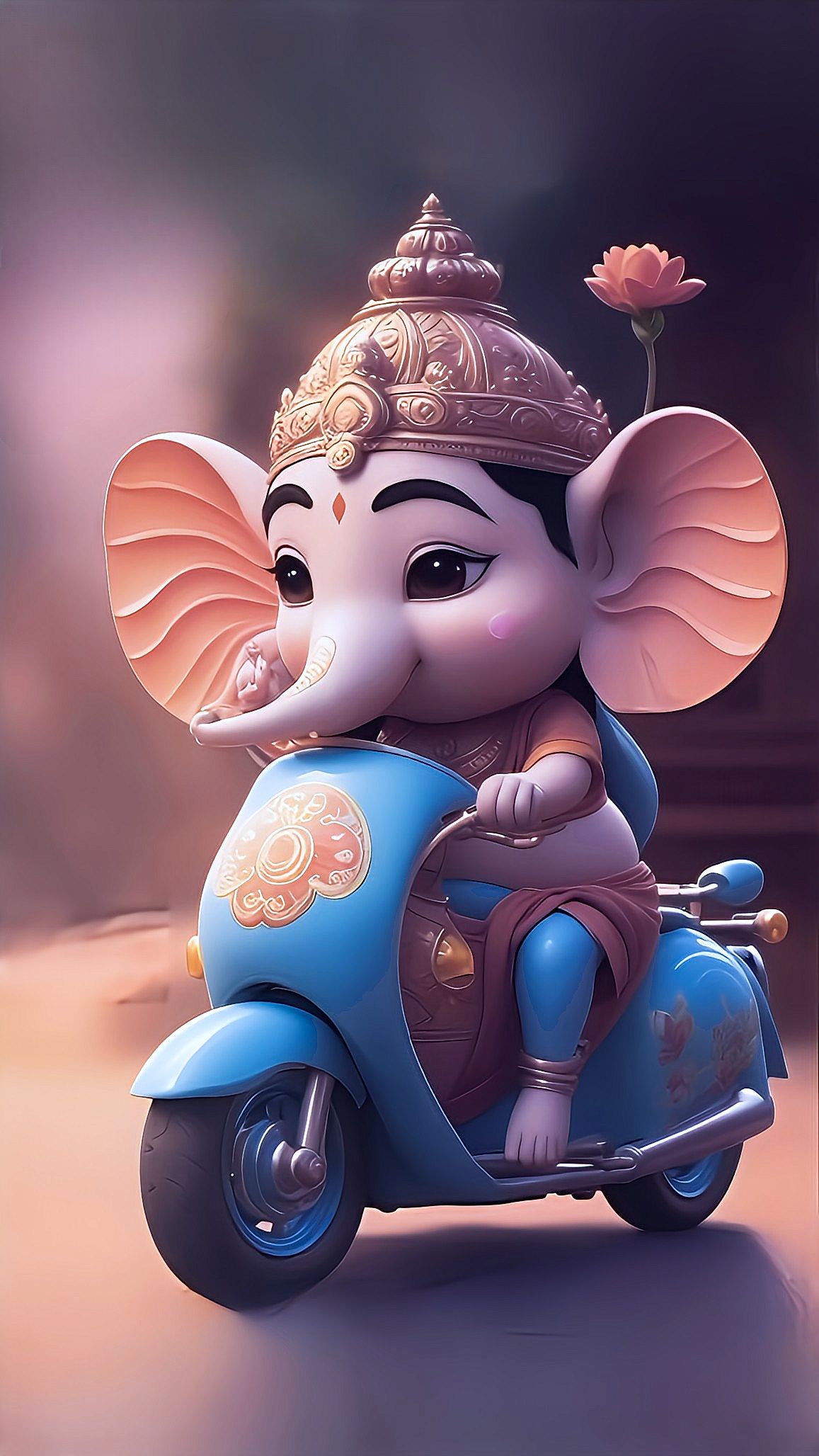 Baby Ganesha riding a blue scooter.