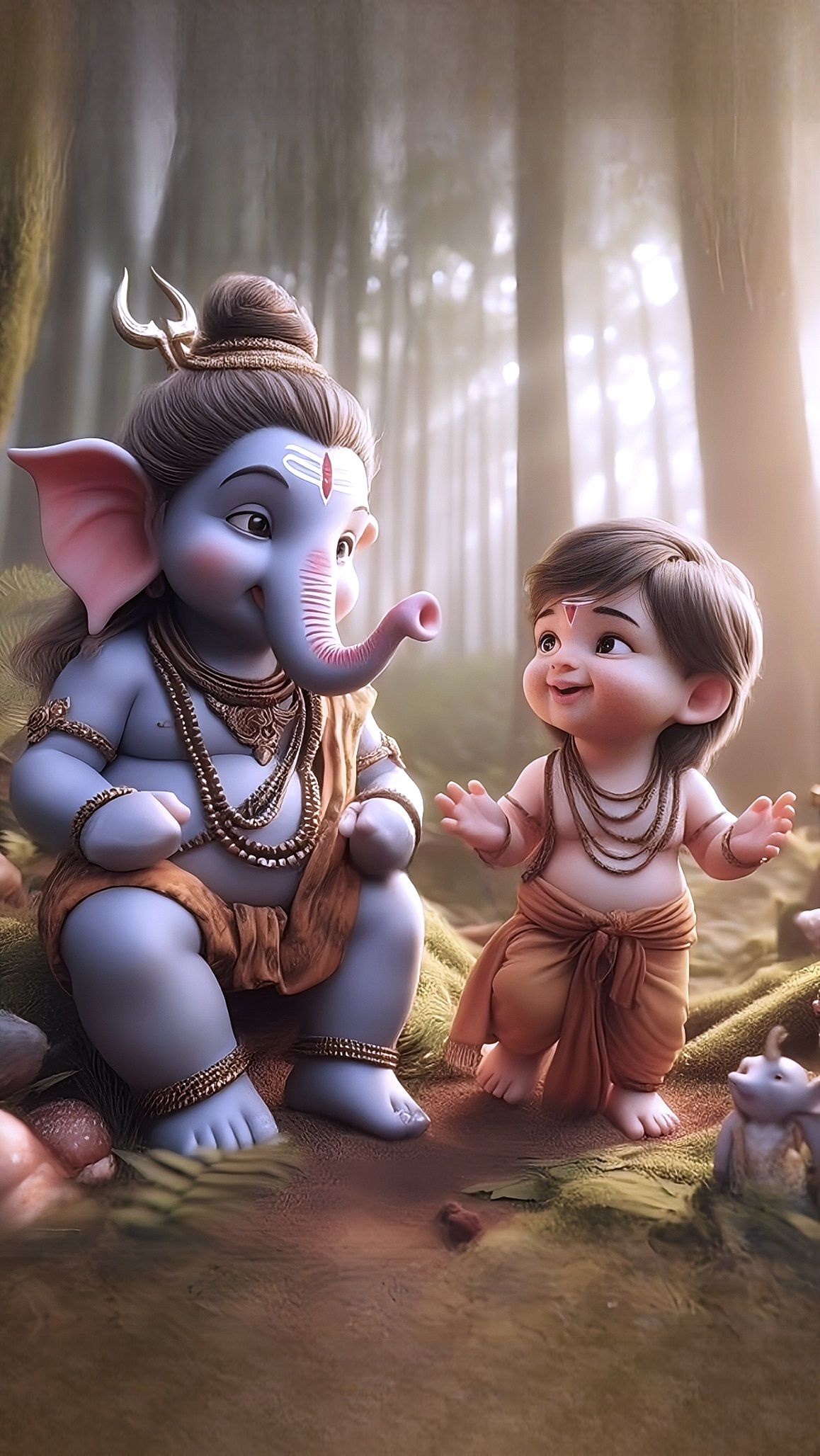 Baby Ganesha and Kartikeya in forest