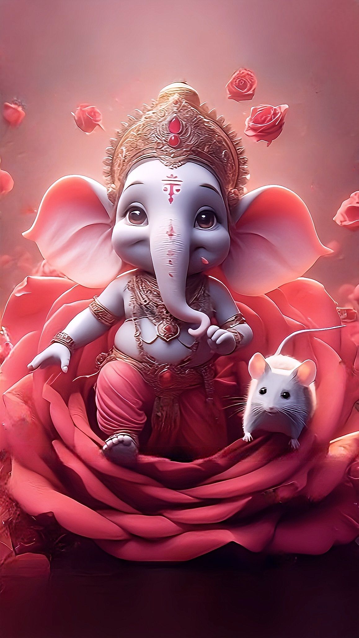 Adorable Ganesha with roses and mouse