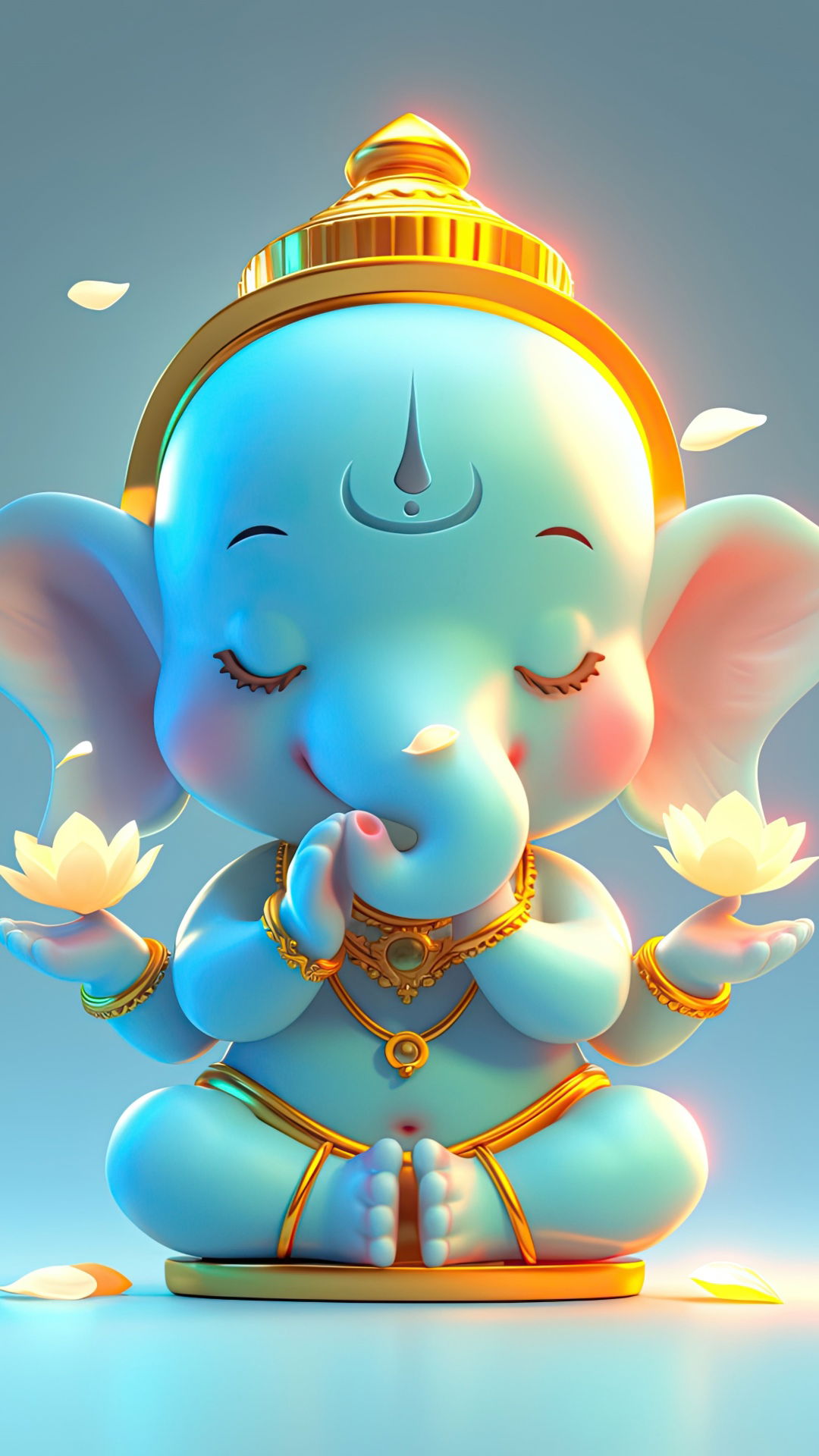 Cute baby Ganesha meditating with lotuses