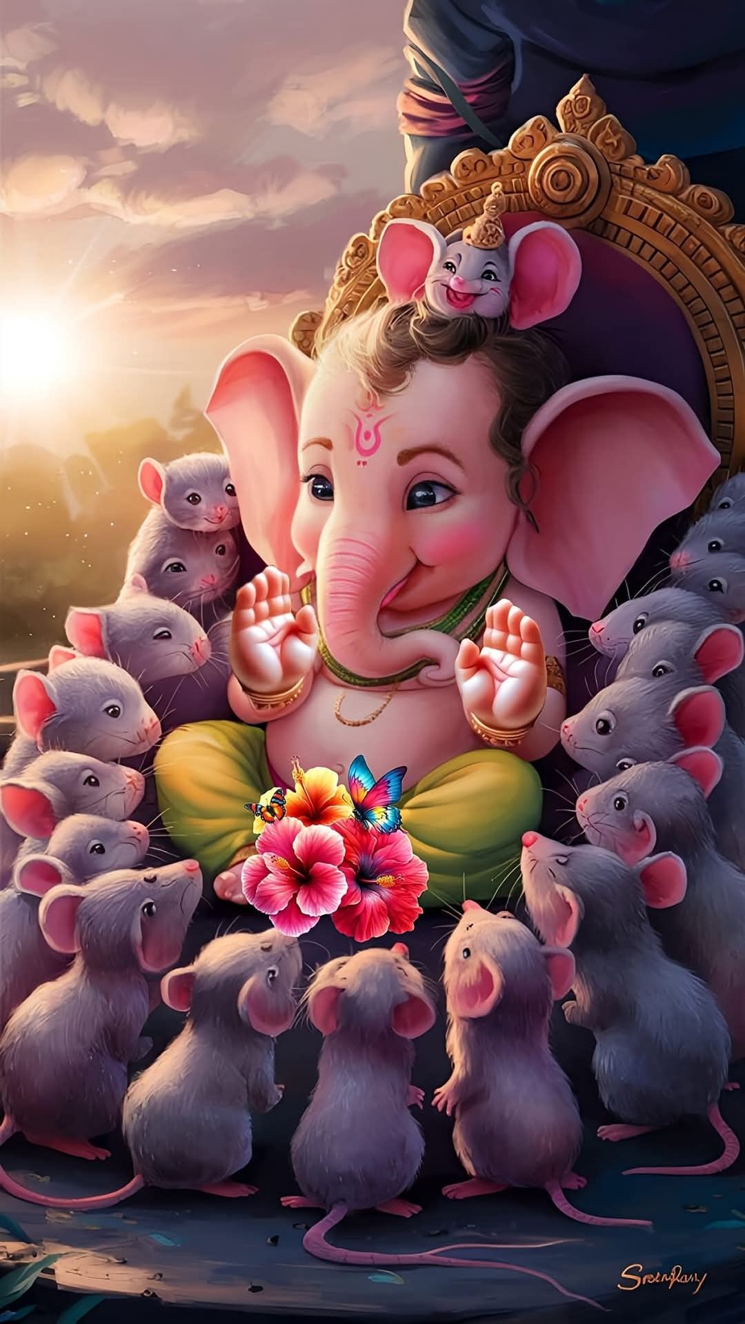 Lord Ganesha with mice and butterflies