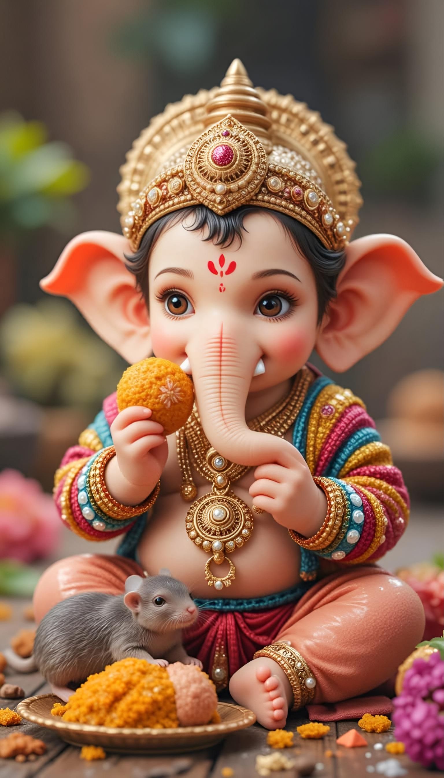 Baby Ganesha enjoying a modak