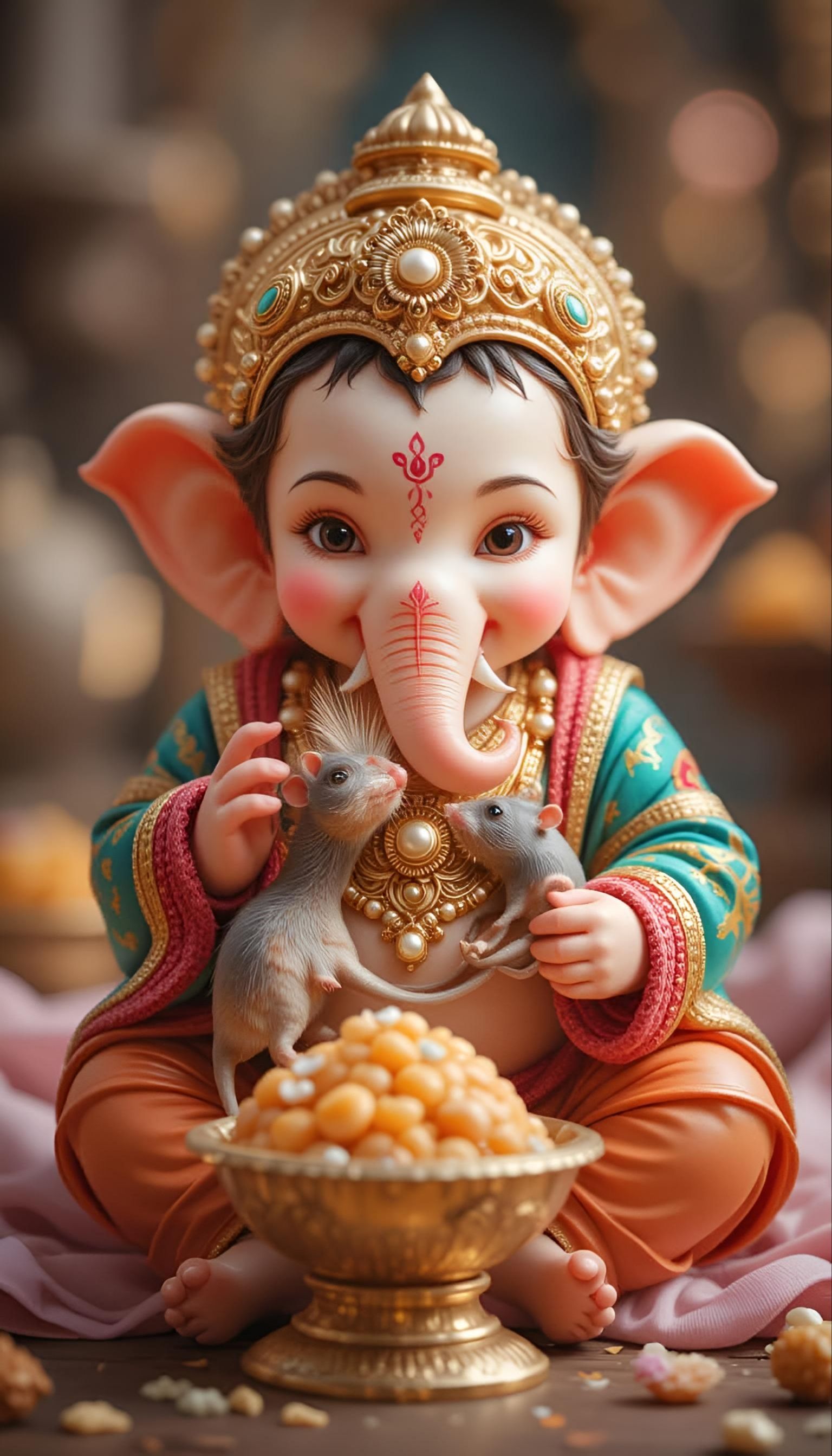 Ganesha with modak and mouse.
