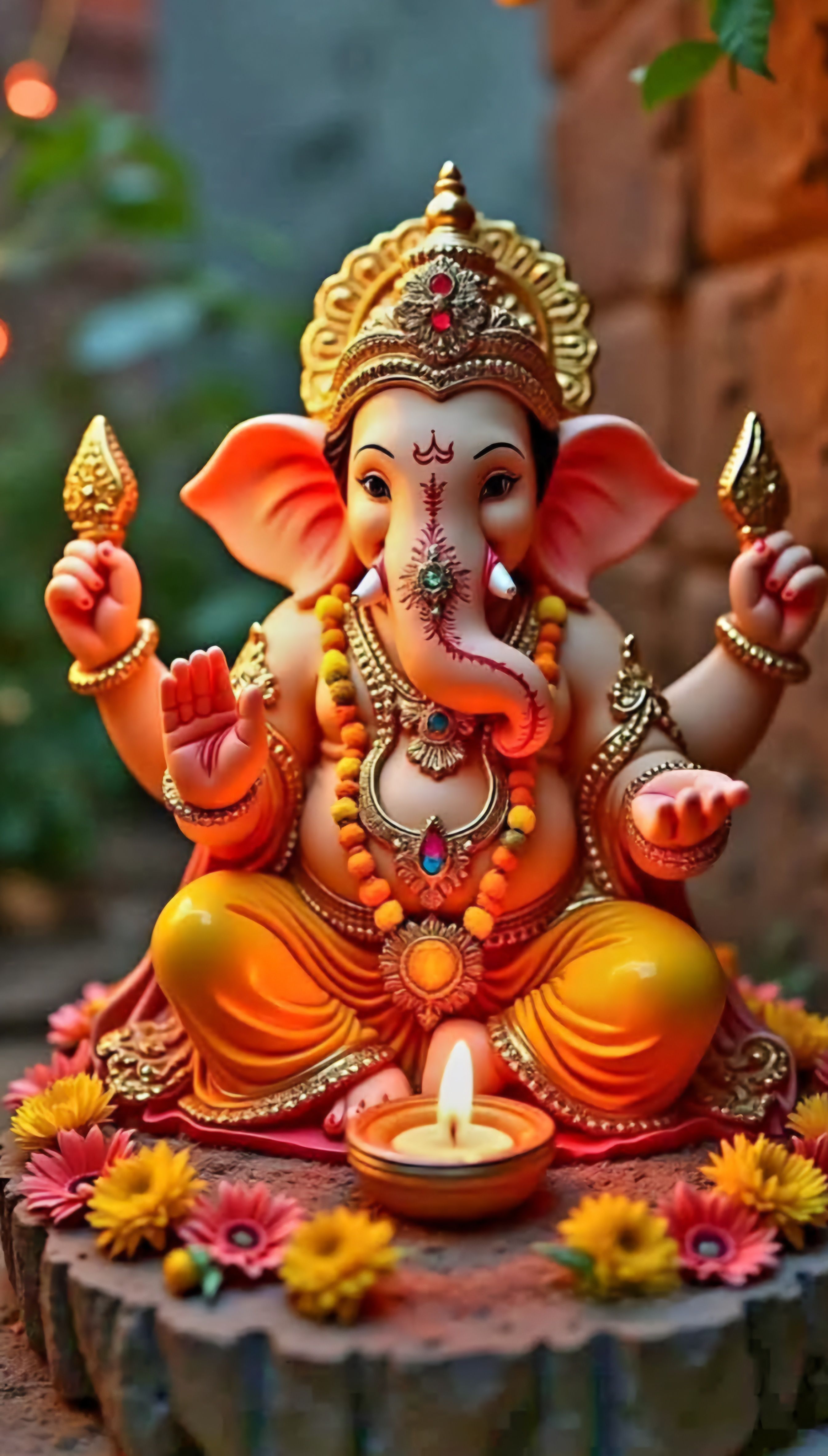 Lord Ganesha with flowers and lamp