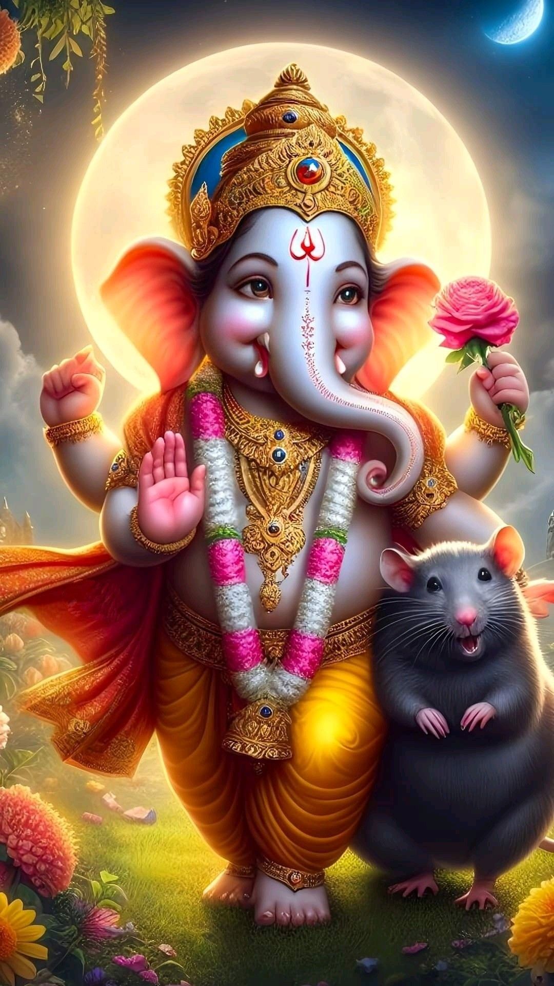 Lord Ganesha with flowers and mouse
