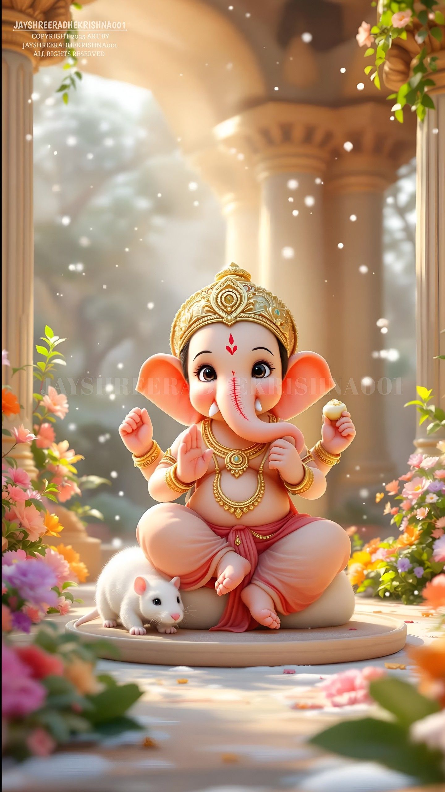 Lord Ganesha with mouse and flowers.