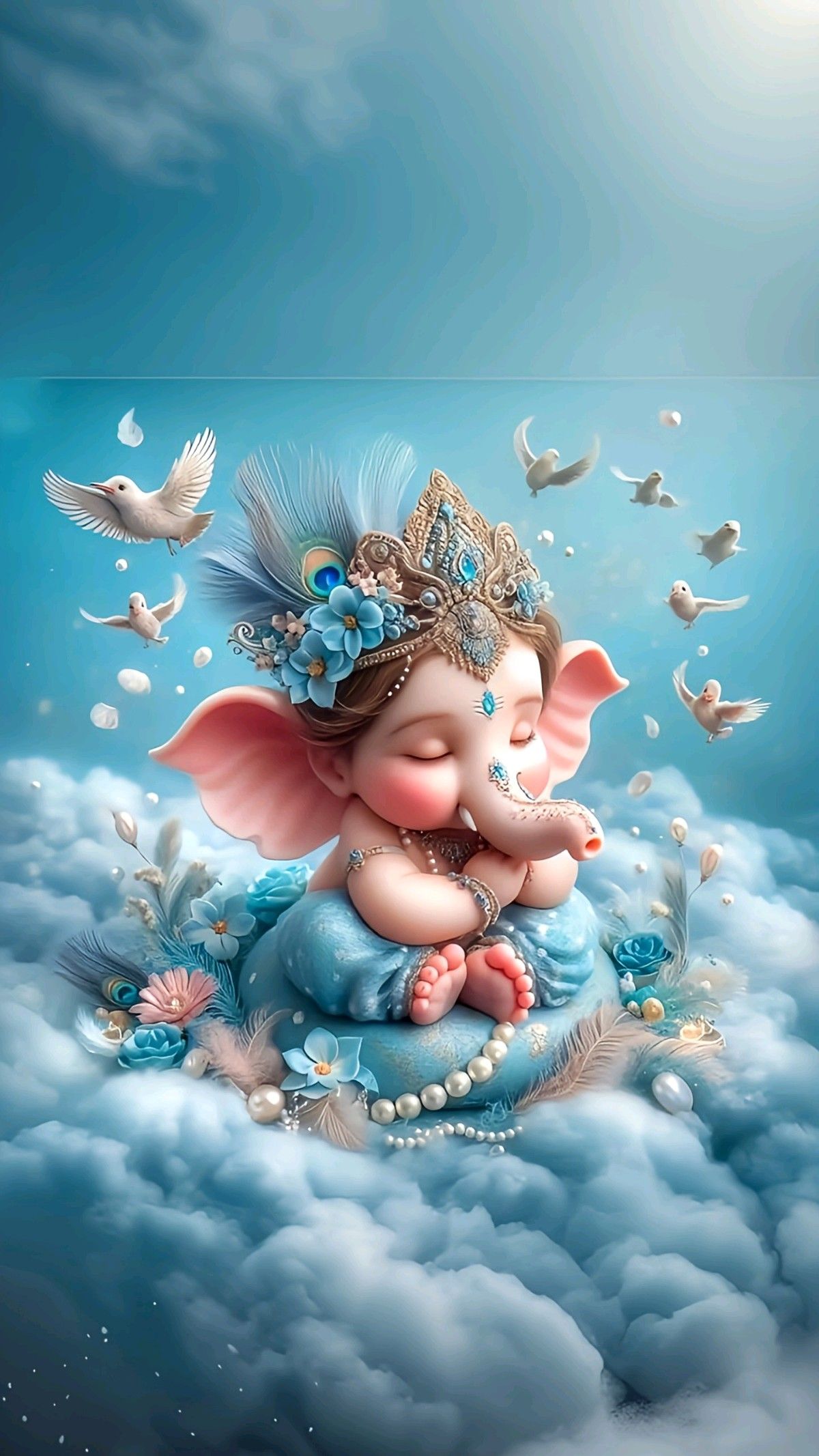 Peaceful baby Ganesha amidst clouds