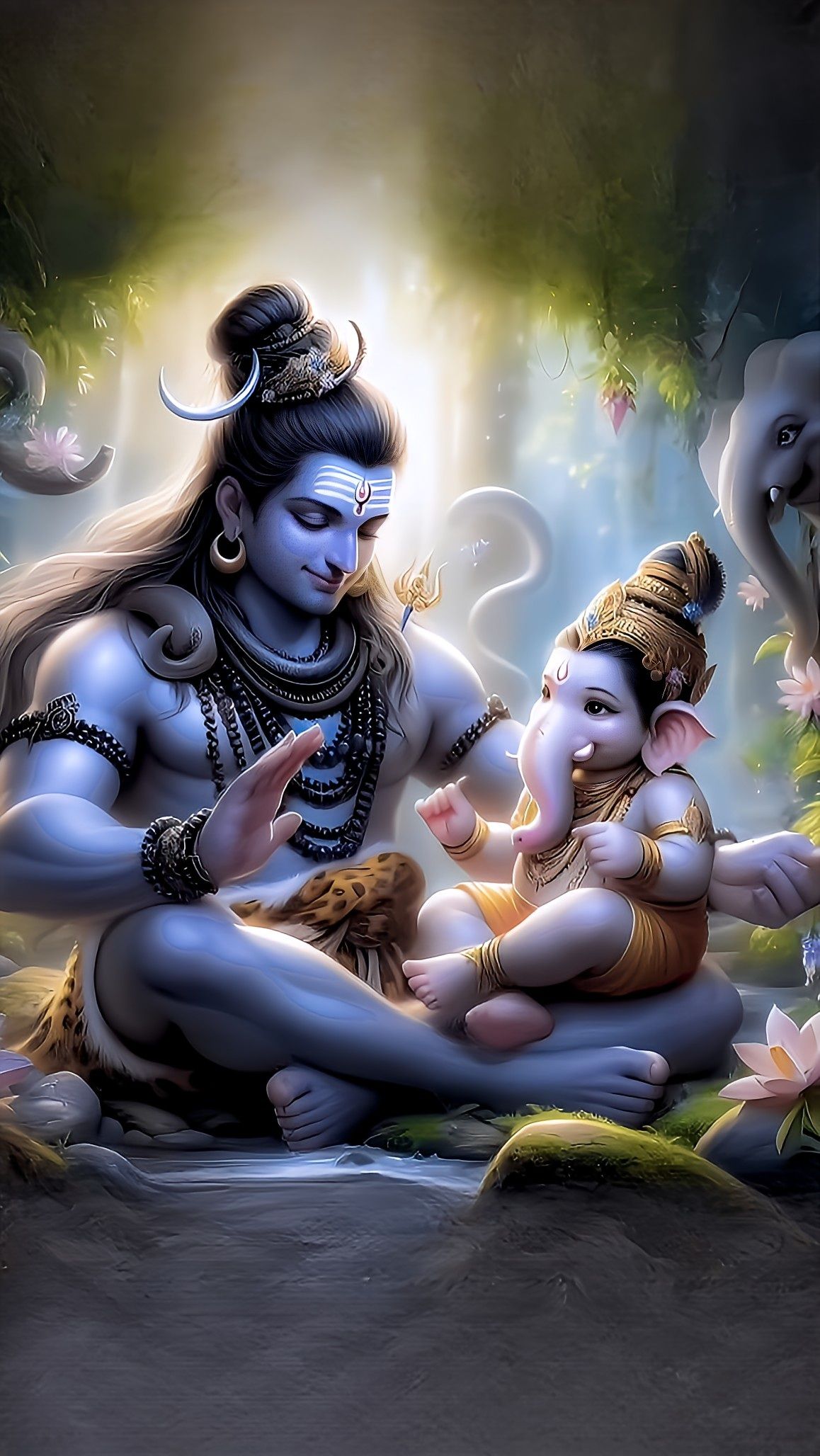 Shiva cradling baby Ganesha in lap