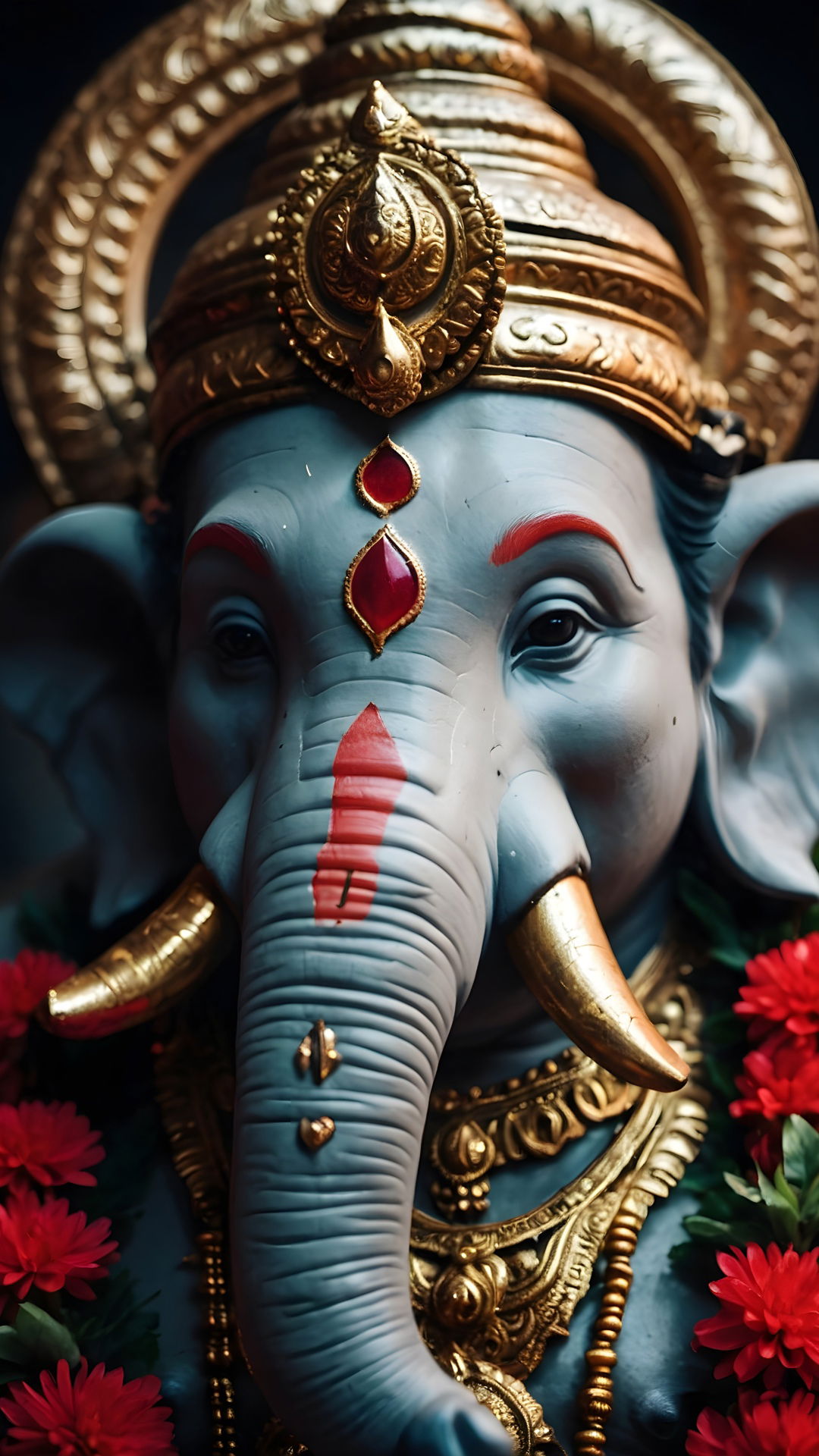 Close-up of Lord Ganesha\'s benevolent face.