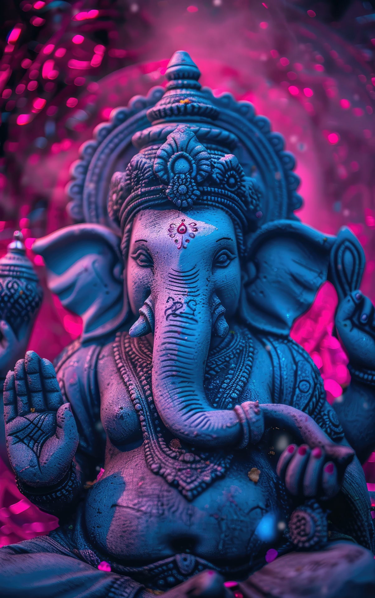 Blue Ganesha statue with pink background
