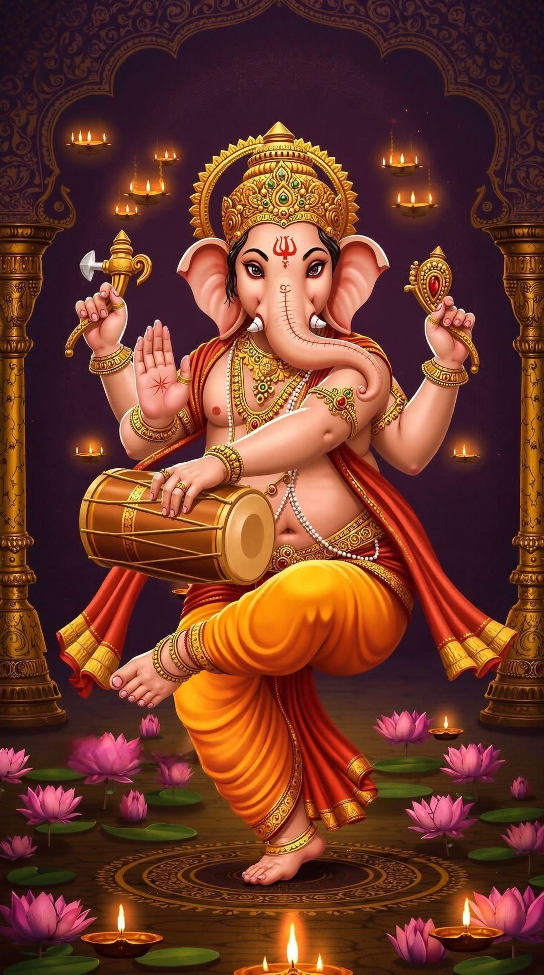 Lord Ganesha playing a drum surrounded by lotuses