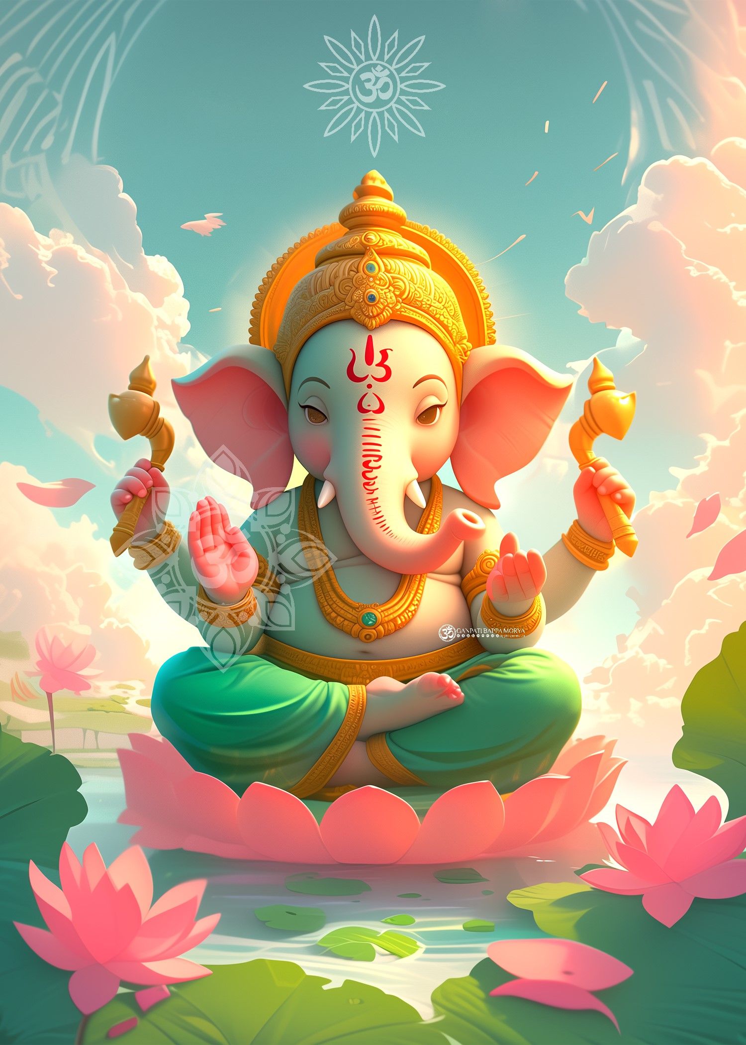 Ganesha seated on a pink lotus.