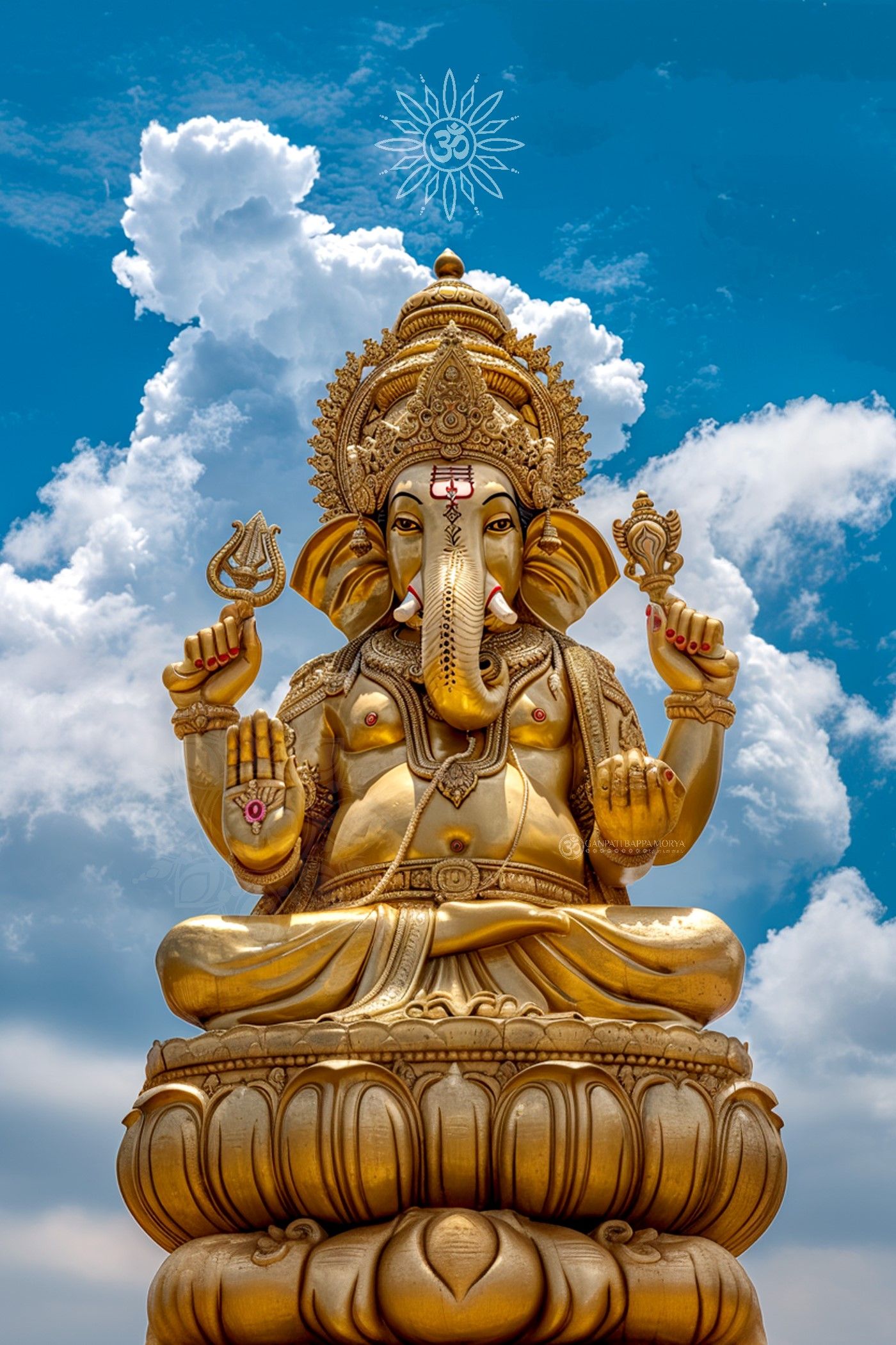 Golden Ganesha amidst fluffy clouds