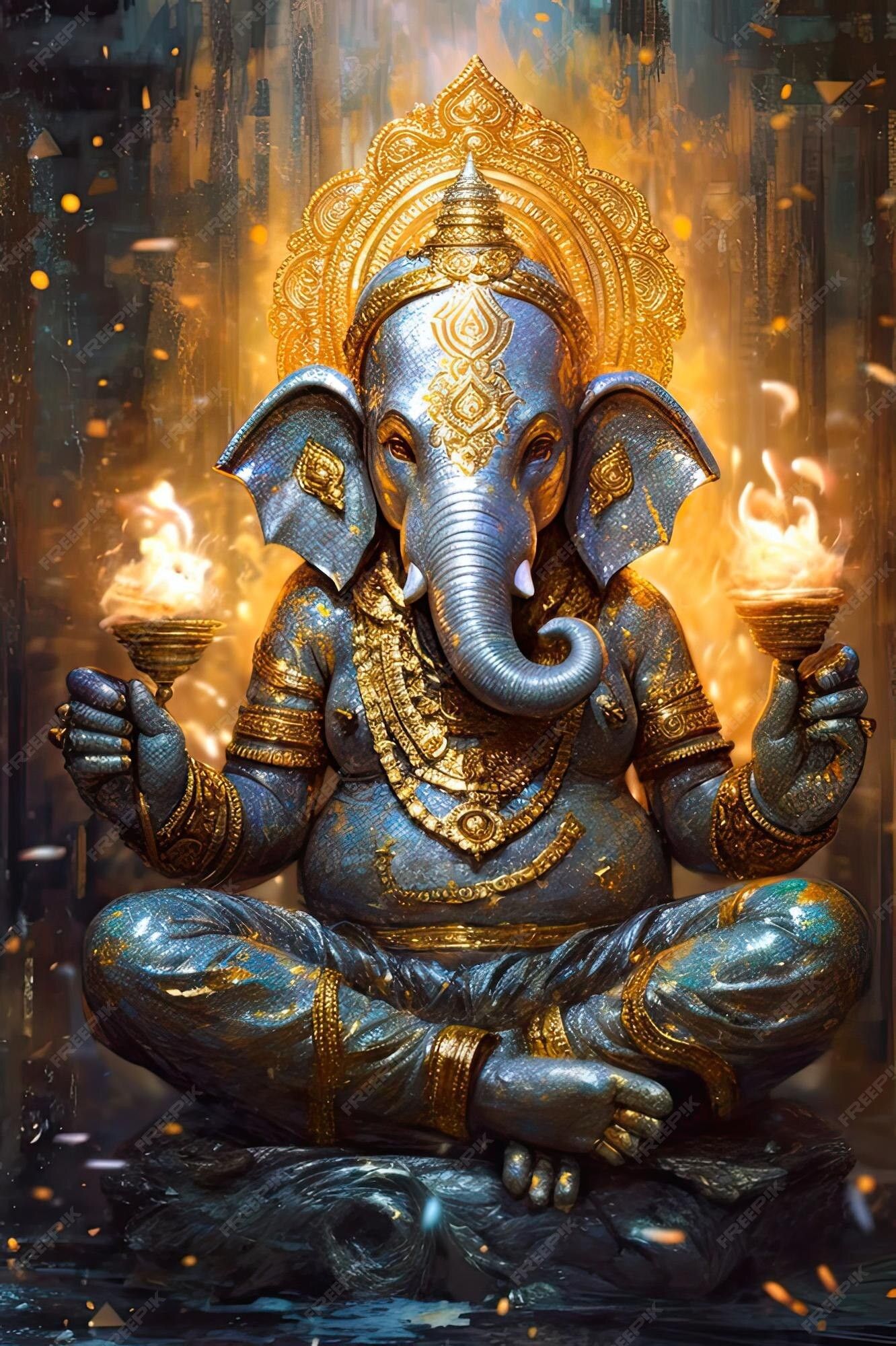 Lord Ganesha seated with lamps