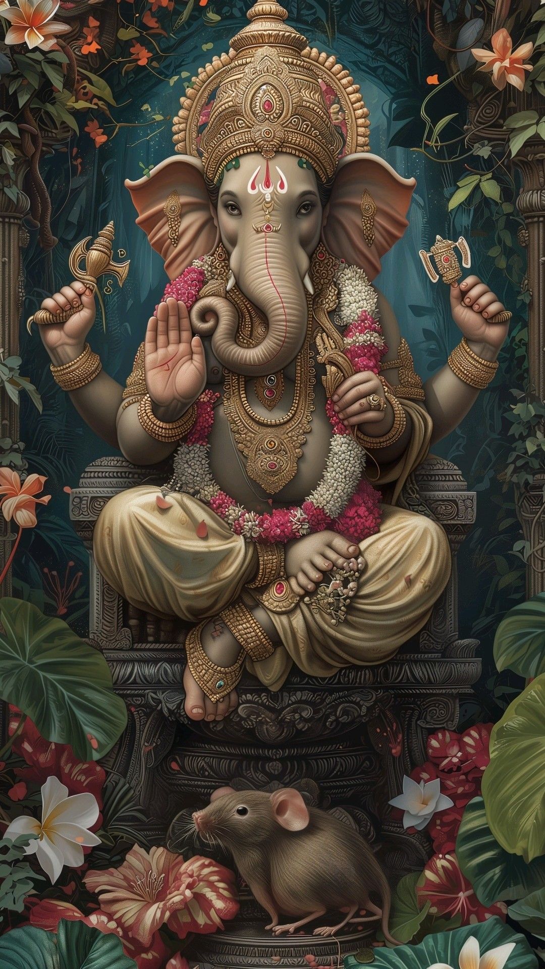 Lord Ganesha with mouse and flowers