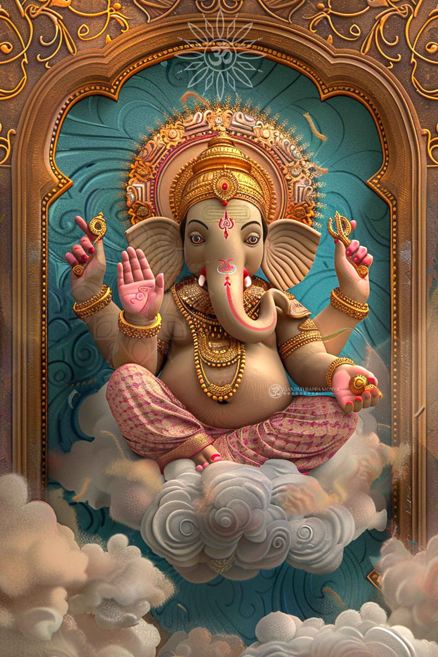 Divine Ganesha amidst clouds and lotus