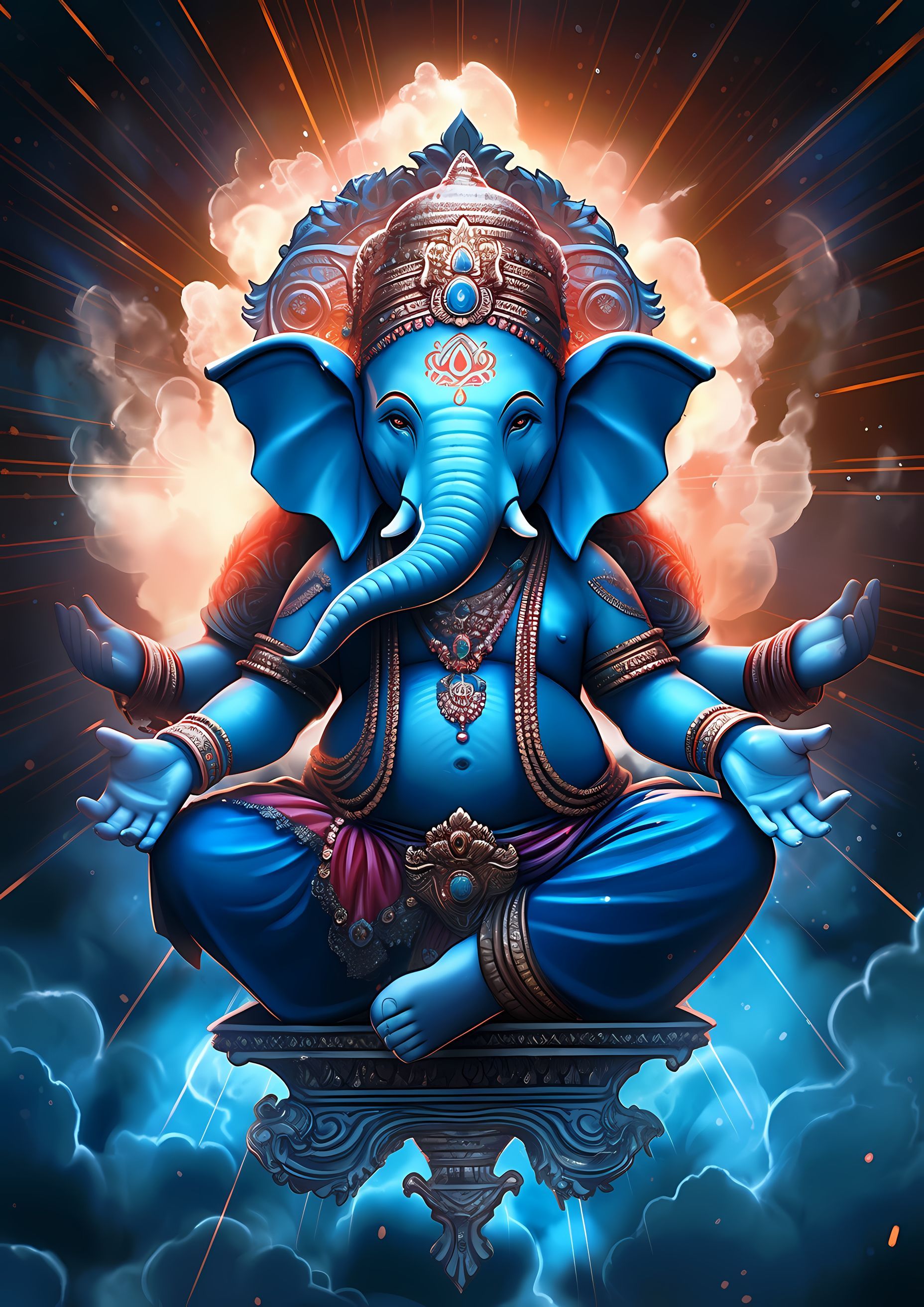 Blue-skinned Ganesha in a cosmic setting