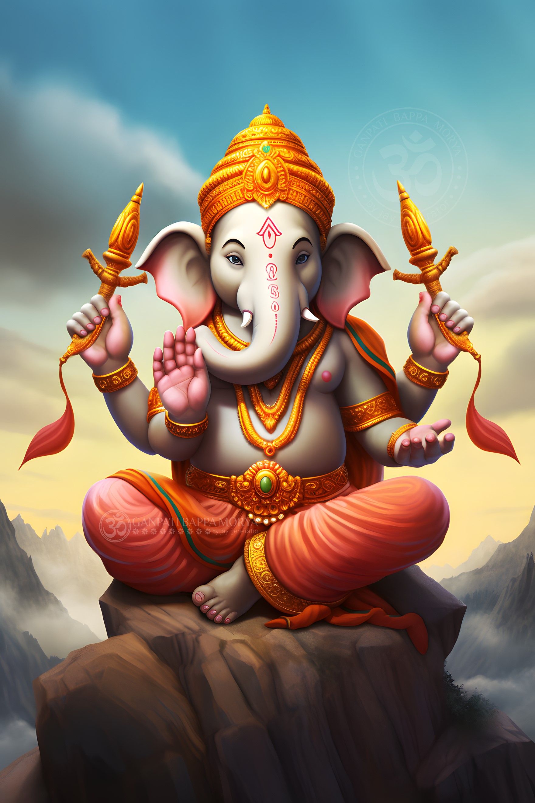 Lord Ganesha seated on mountain peak.