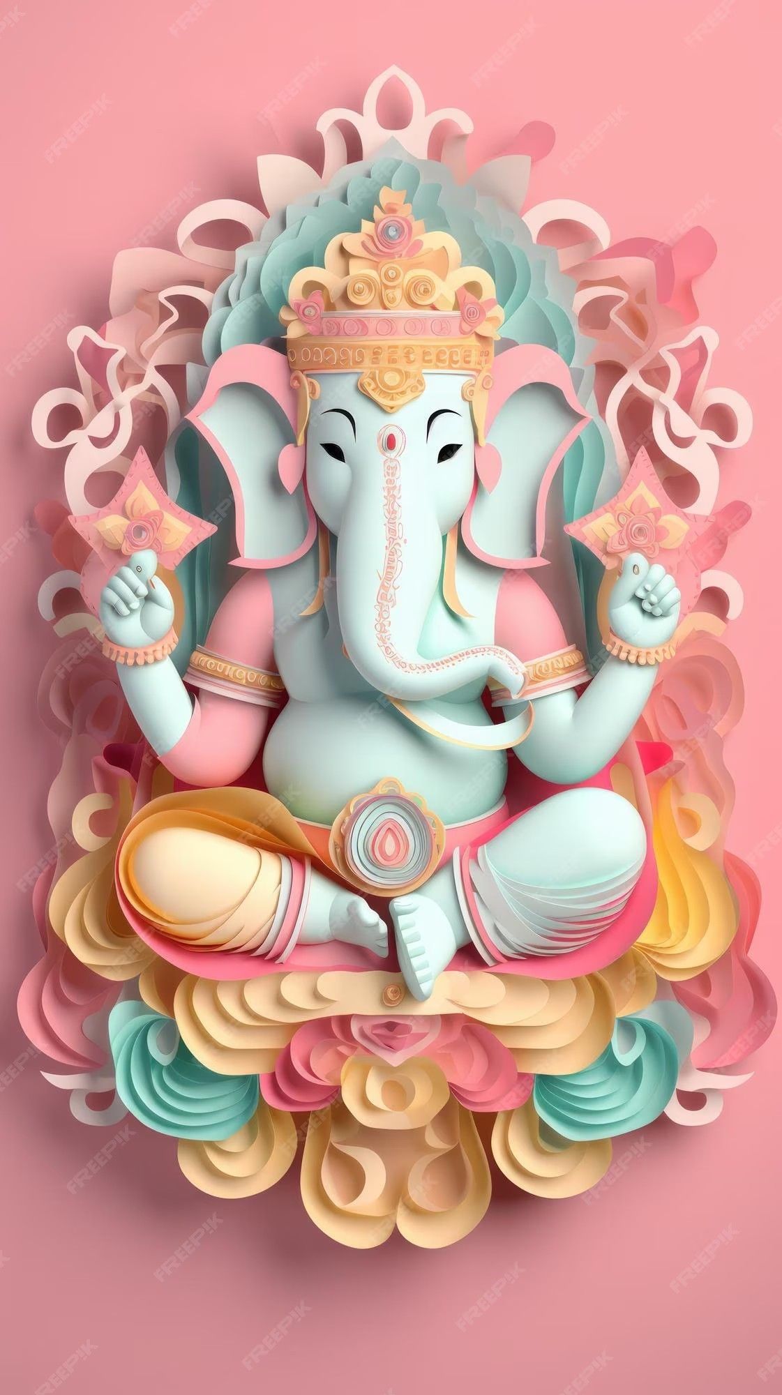 Lord Ganesha sits on a lotus.
