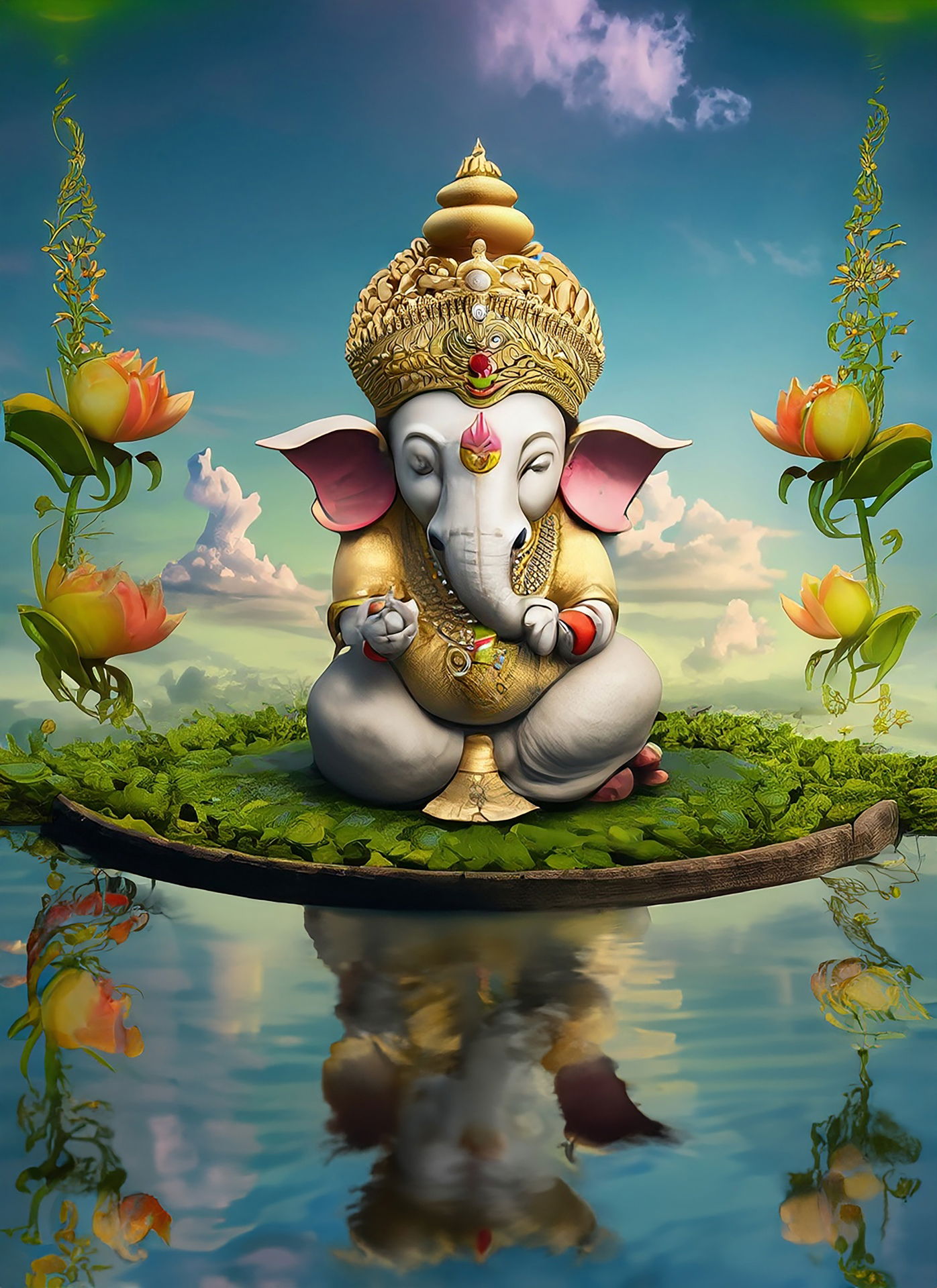 Ganesha sitting on a floral island