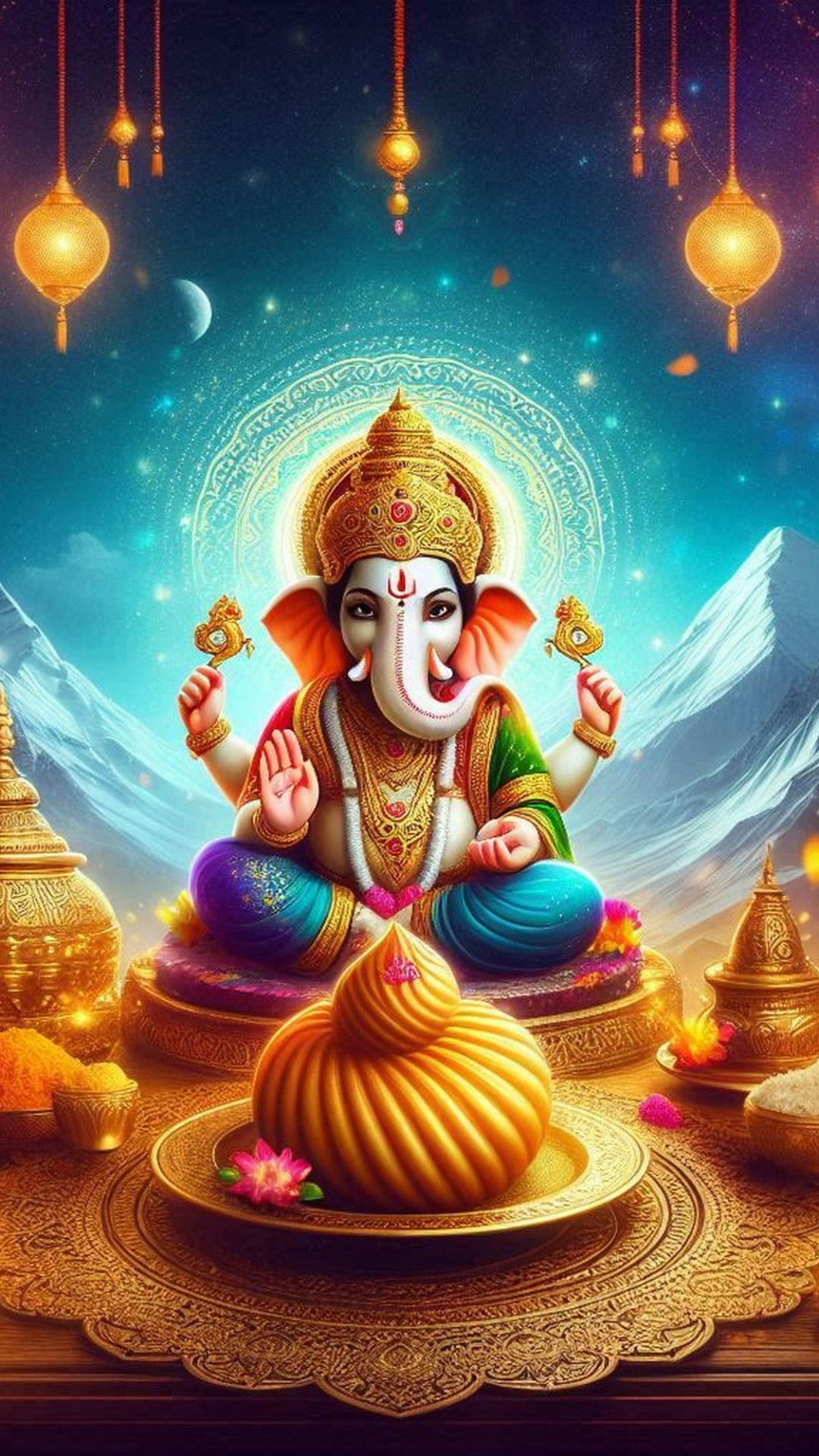 Lord Ganesha with modak and halo.